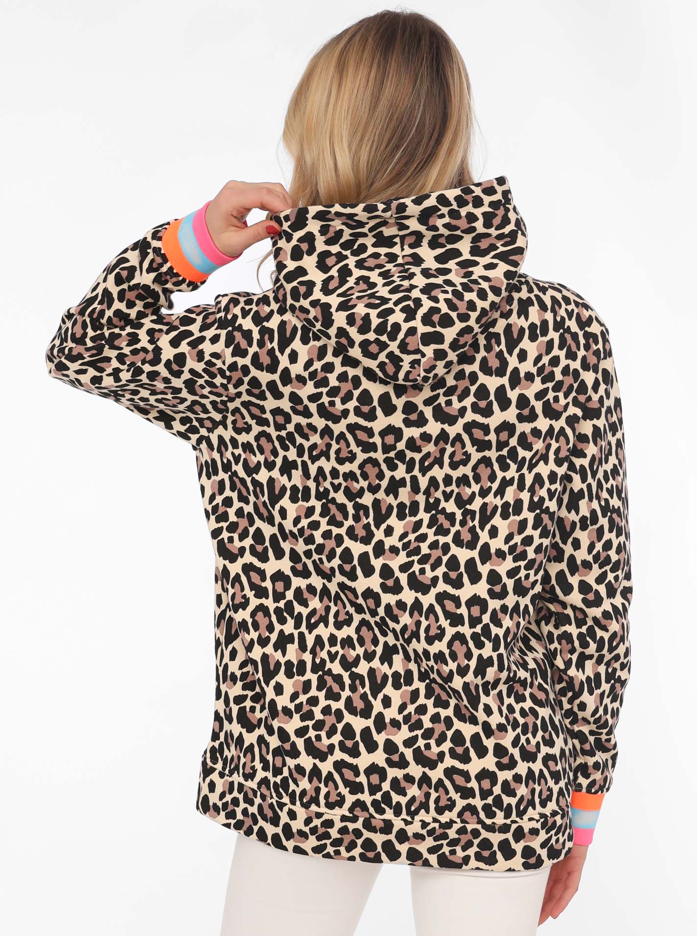 Thumbnail - Zwillingsherz Hoodie ""Leo Allover Neon Kante"", mit Animal-Design und kontrastfarbigen Ärmelbündchen