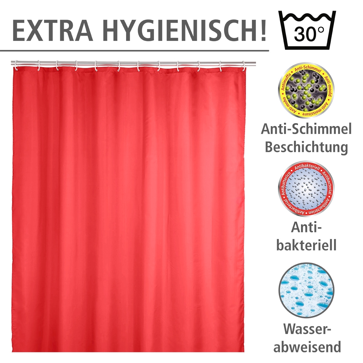 WENKO Duschvorhang »Uni Red«, Höhe 200 cm, waschbar