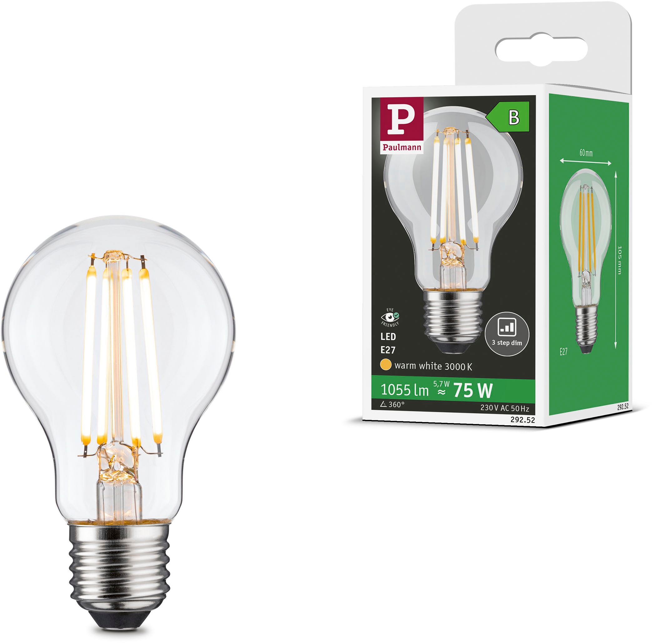 PAULMANN LED-Leuchtmittel "Eco-Line Filament 230V LED Birne E27 1055lm 5,7W 3000K dimmbar Klar", Energieeffizienz: B (A-G), transparent, L:10,5cm Ø:6cm, Leuchtmittel