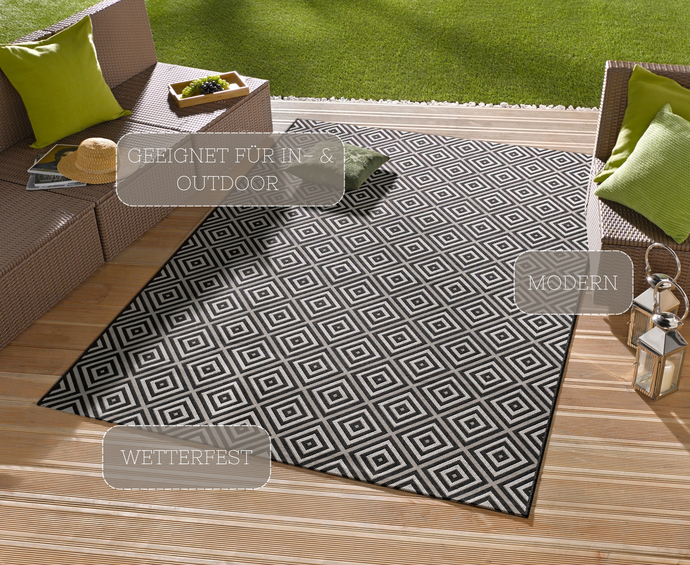 NORTHRUGS Teppich »Karo«, rechteckig, 8 mm Höhe, In- & Outdoor, Läufer, Wetterfest, Raute, Balkon, Garten, Flur