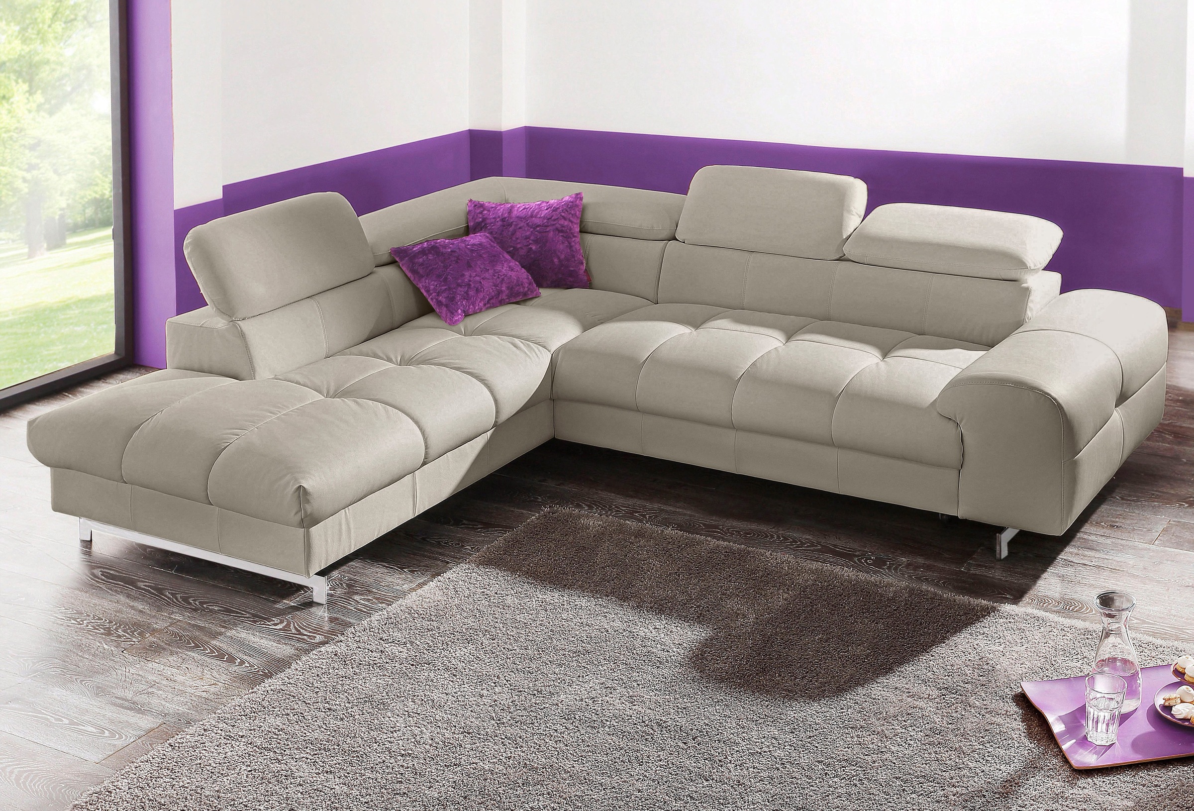 COTTA Ecksofa "Chef L-Form, B: 257cm, Leder, inkl. Kopfteilverstellung" optionale Schlaffunktion, moderne Metallkufen H 12cm, Wellenfederung