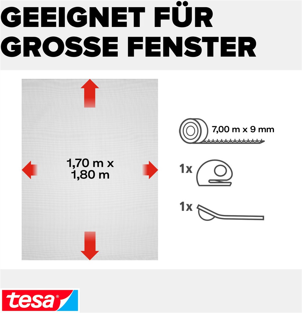 tesa Fliegengitter-Gewebe »Premium für Fenster, Insektenschutz mit Klettband - 170x180 cm« Packung, Fliegennetz, Klettband, Andrück und Schneidehilfe, 1 Stk. tlg. mit starkem Klettband, rückstandsfrei entfernbar, zuschneidbar