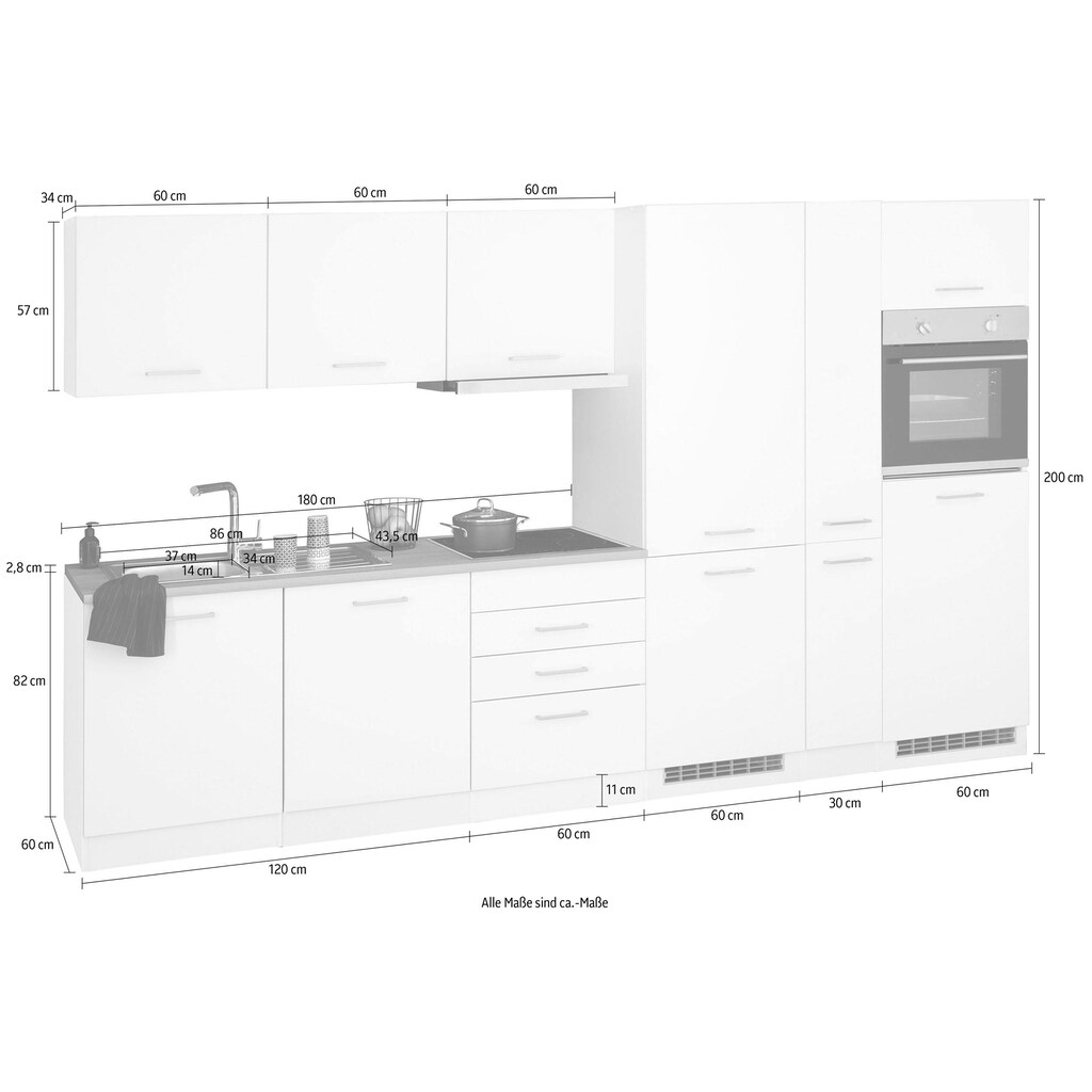 HELD MÖBEL Küchenzeile »Visby«, mit E-Geräten, Breite 330 cm inkl. Kühl/Gefrierkombination