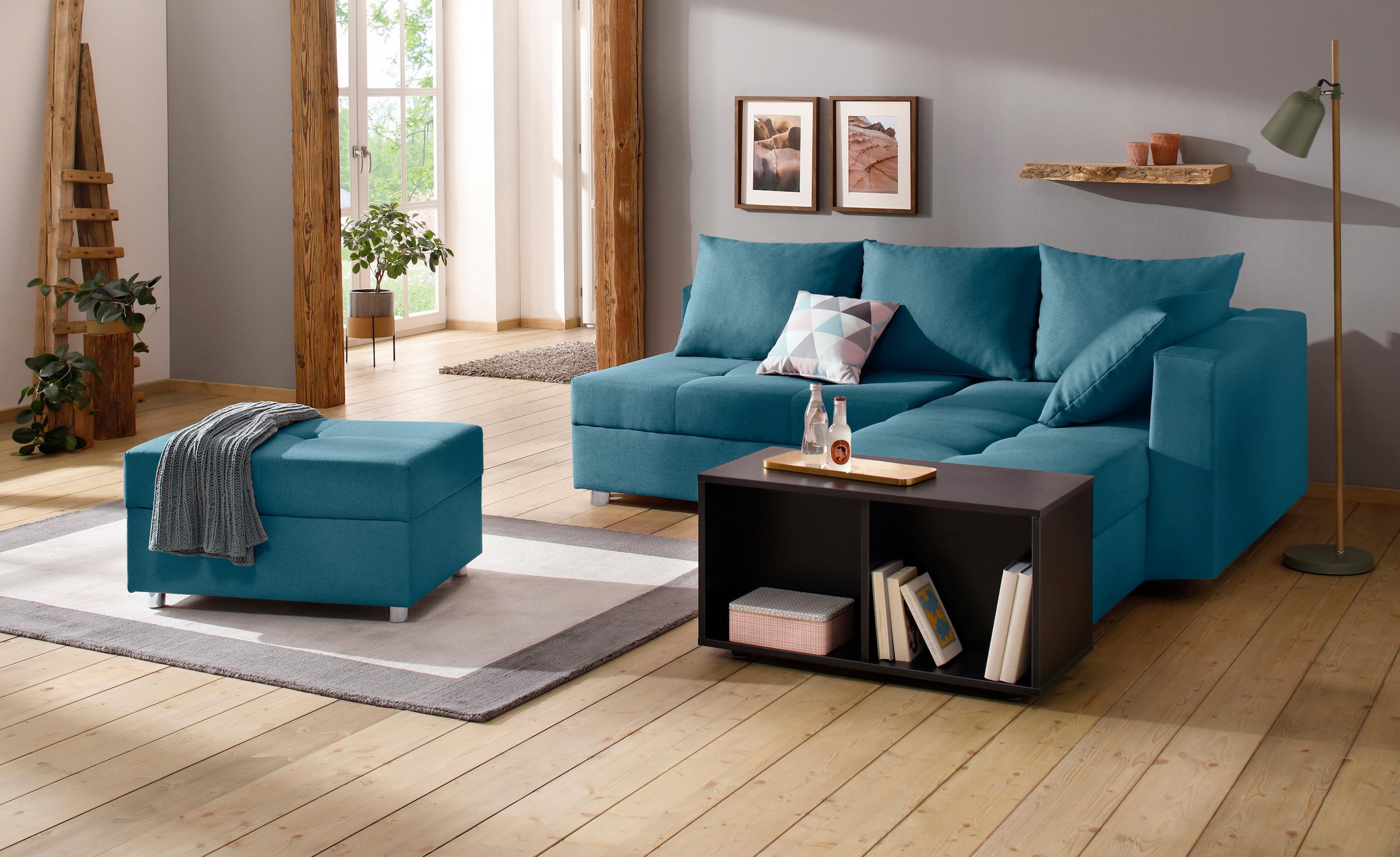Home affaire Ecksofa "Italia L-Form, B: 217 cm, Schlaffunktion, Bettkasten" Federkern, frei stellbar, mit Zierkissen, Gästebettfunktion