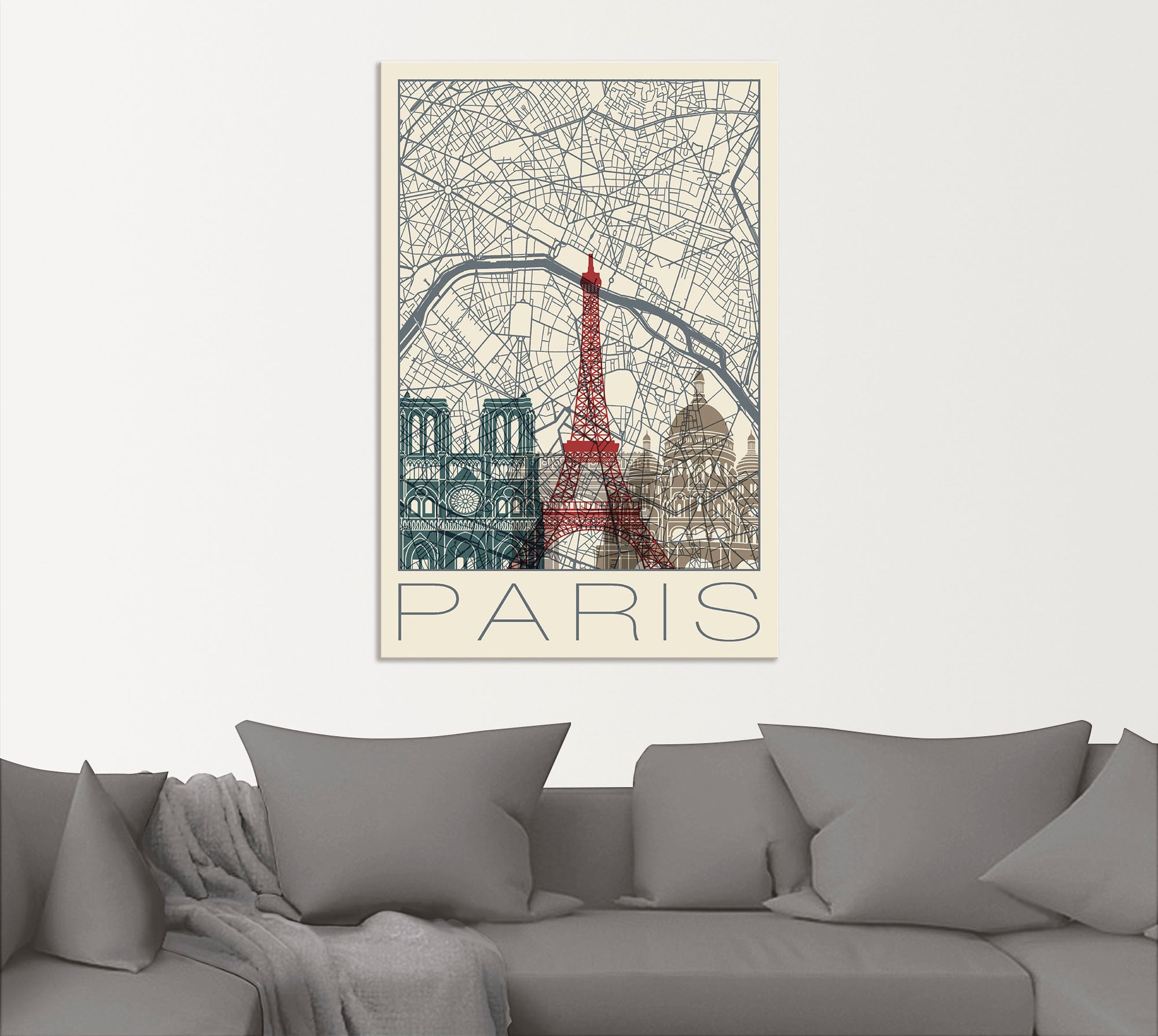 Artland Wandbild »Retro Karte Paris Frankreich und Skyline«, Frankreich, (1 St.), als Alubild, Outdoorbild, Poster in verschied. Größen