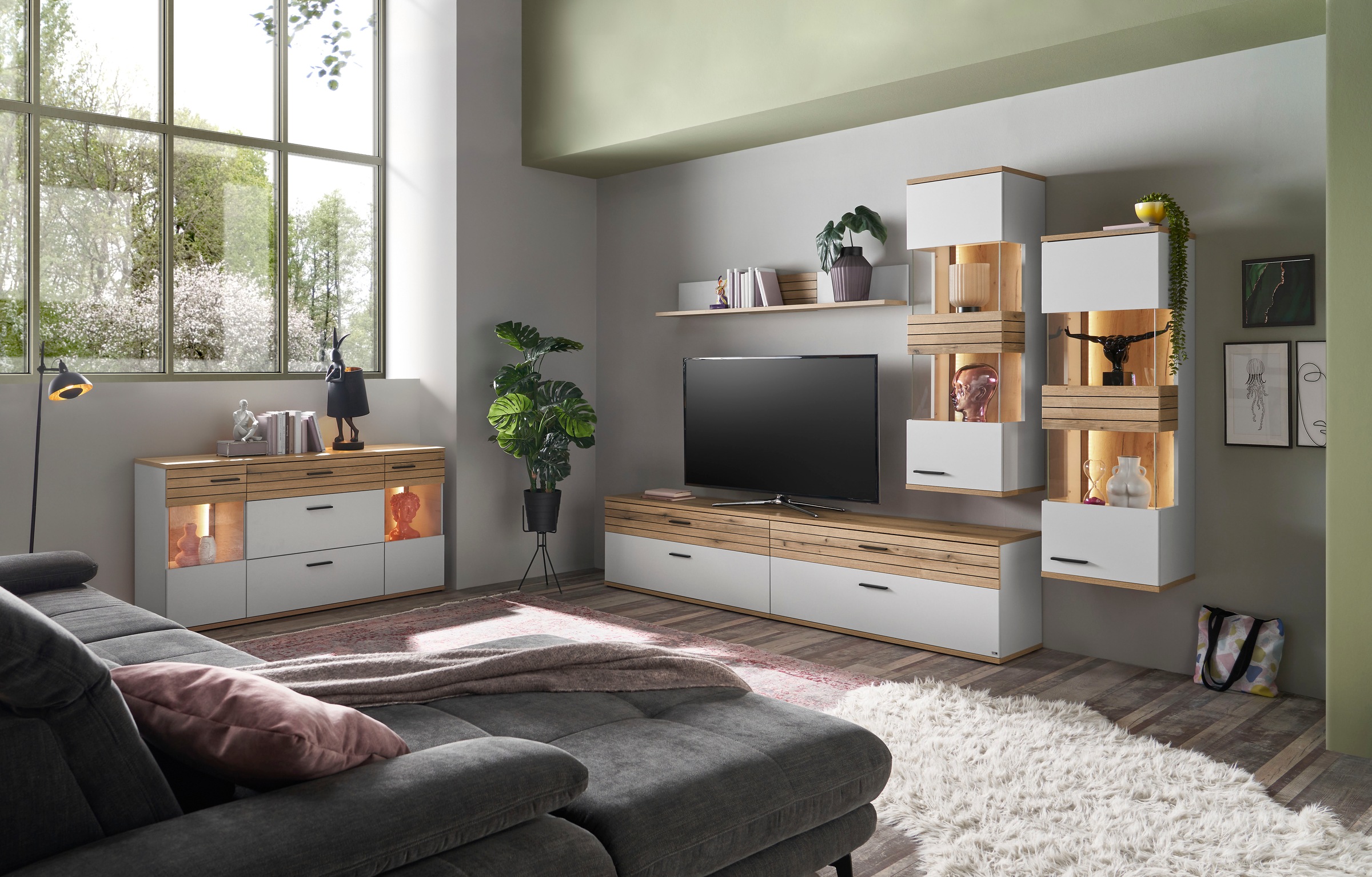 set one by Musterring Sideboard »Quincy« 1 Stk. tlg. Mit Glasausschnitt und LED, in Anthrazit/Lichtgrau erhältlich, 160 cm