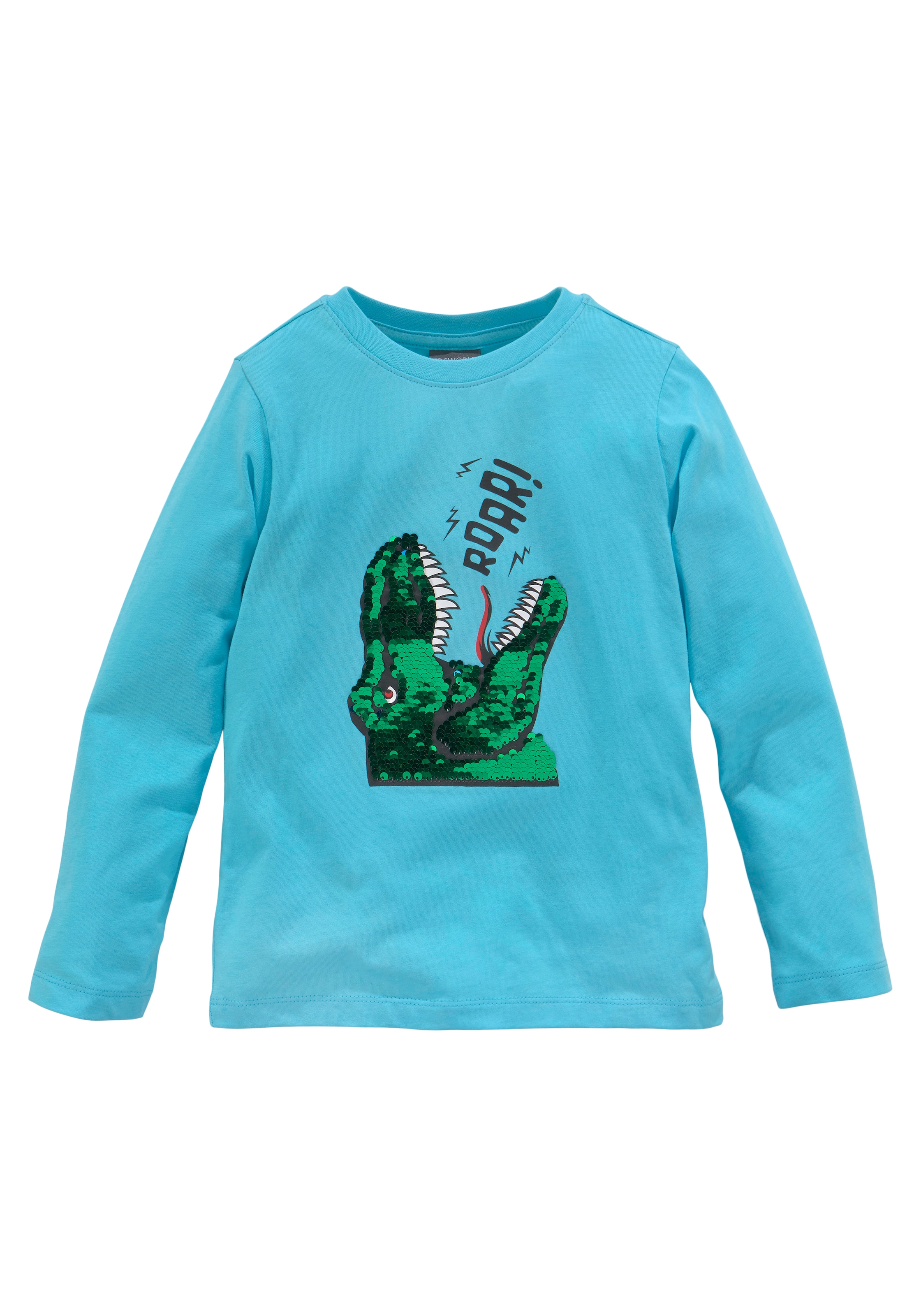 KIDSWORLD Langarmshirt »mit Dino-Motiv aus Farben Dino BAUR unterschiedlichen in Wendepailletten«, 