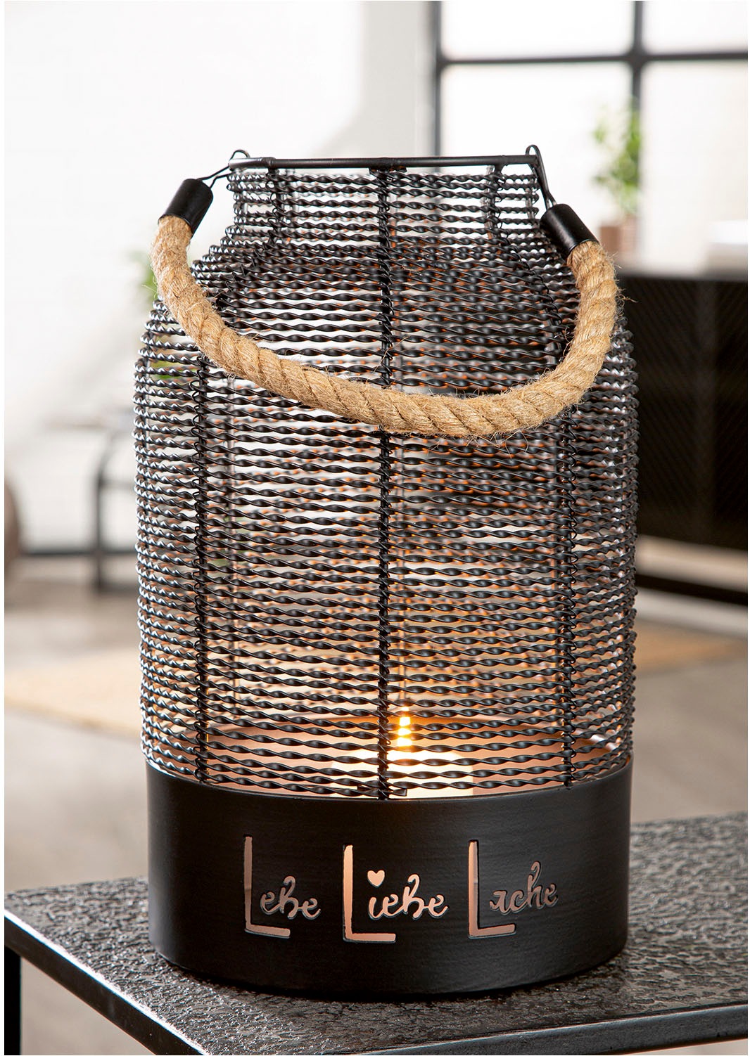 GILDE Windlicht "Windlicht rund Lebe, Liebe, Lache schwarz H. 33 cm" günstig online kaufen