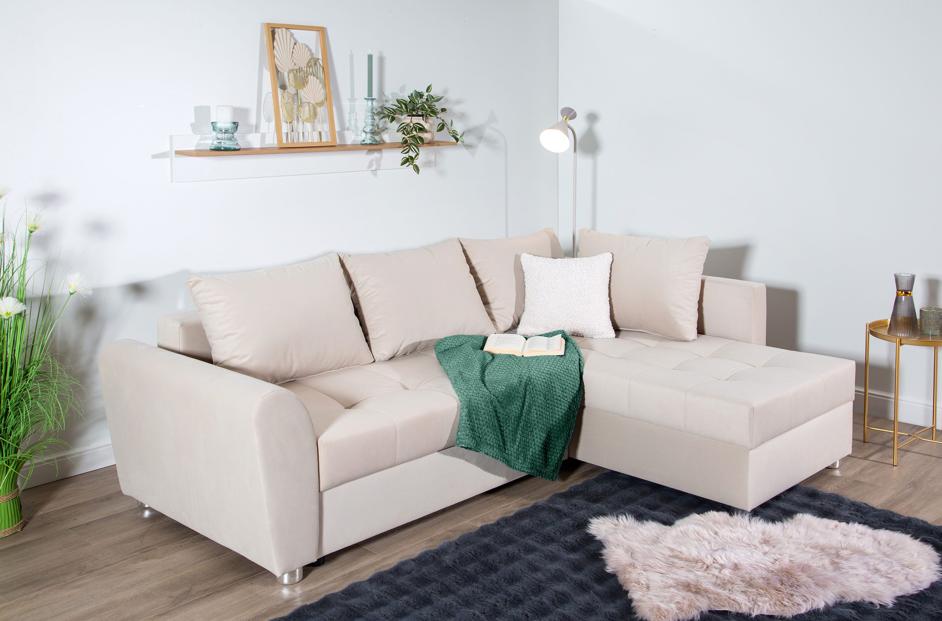 Ecksofa COLLECTION AB, B:220cm H:42cm T:161cm, beige, 100%Polyester, Wohnzimmer, Sofas, "Jana L-Form", inkl. Bettfunktion,Bettkasten und