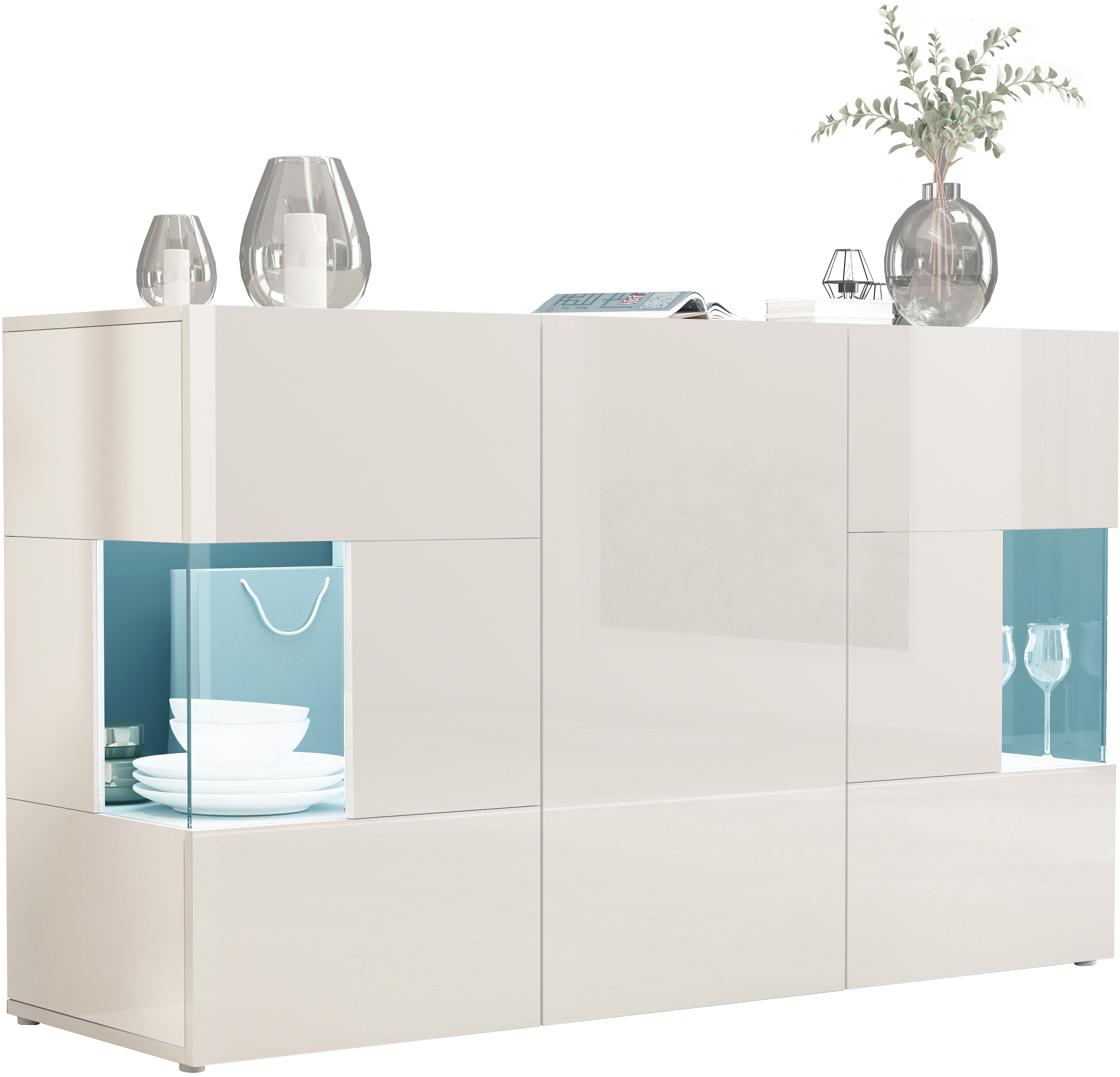 INOSIGN Sideboard »Egypt, Kommode, Schrank, Kredenz, Vitrine grifflos«, 3 Türen davon 2 mit Glaseinsatz, kompl. Hochglanz lackiert Breite 135