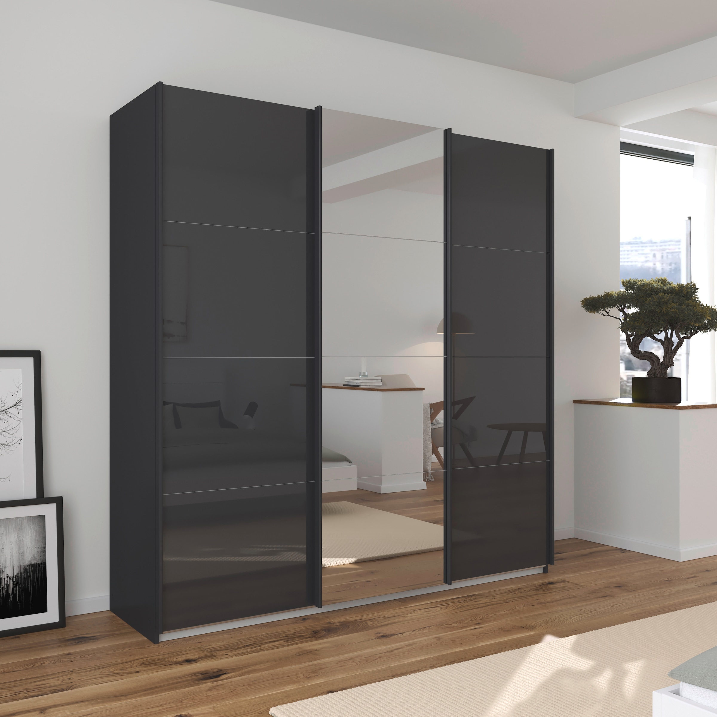 rauch Schwebetürenschrank »Kleiderschrank Kleiderschränke Schrank Garderobe AGORDO mit Glasfront«, durchdachte Innenausstattung, in 4 Breiten und 2 Höhen MADE IN GERMANY