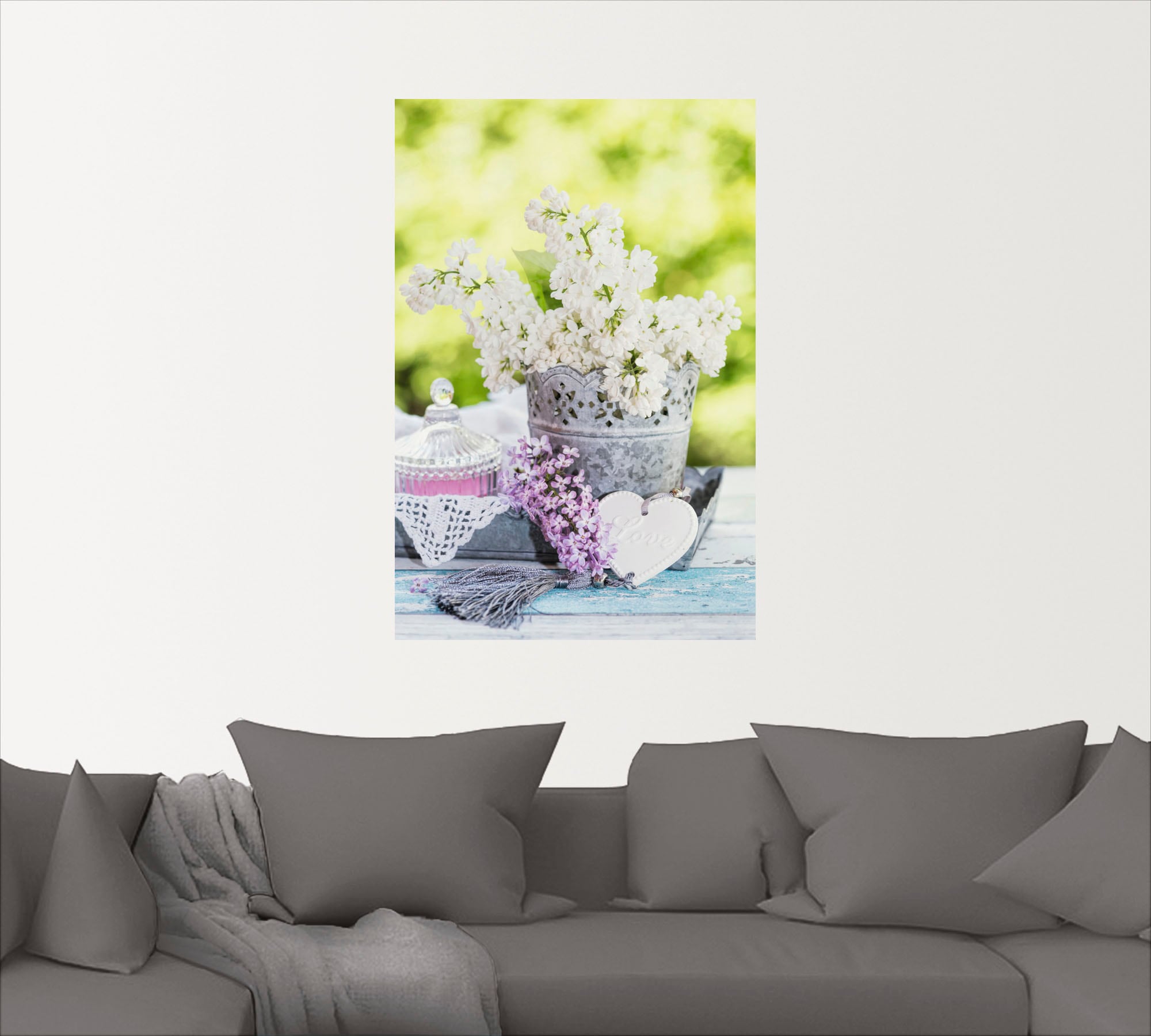 Artland Wandbild »Flieder und Shabby Chic Stillleben I«, Blumen, (1 St.), als Leinwandbild, Poster, Wandaufkleber in verschied. Größen