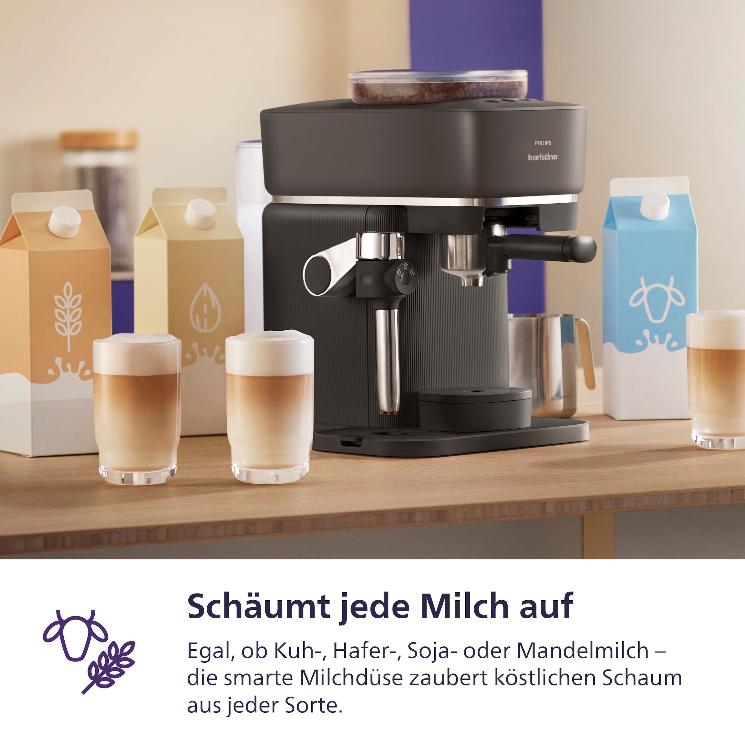 PHILIPS baristina Espressomaschine »Latte BAR400/60 mit Mahlwerk für ganze Bohnen und Milchschaumdüse« 3 Schaumarten, 16 bar Pumpendruck, Schwarzgrau​