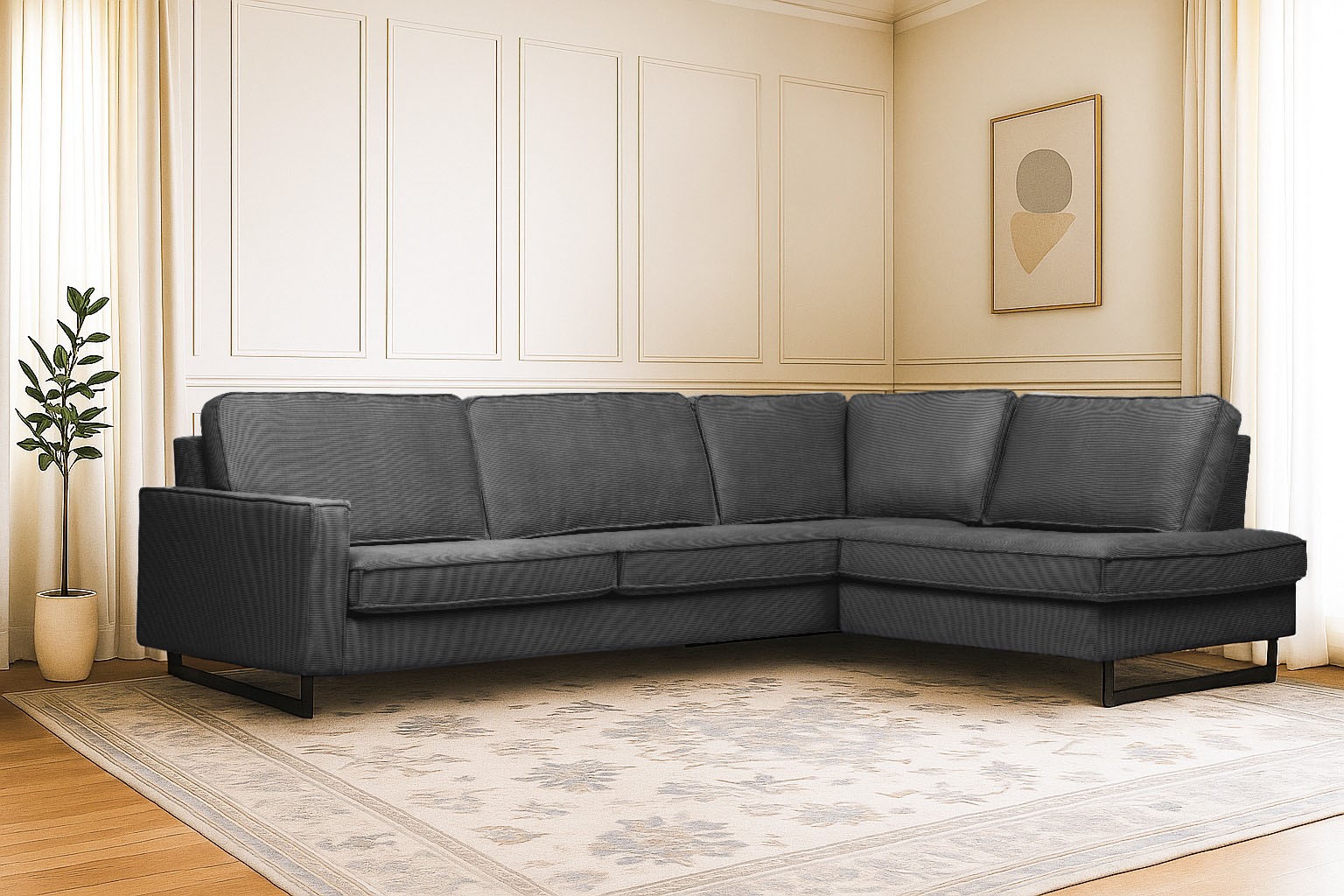 OTTO home Ecksofa "Pinto, 290 cm, Cord, Chenille, Lederoptik, Ottomane links / rechts" mit Keder, schwarze Metallfüße, Wellenunterfederung