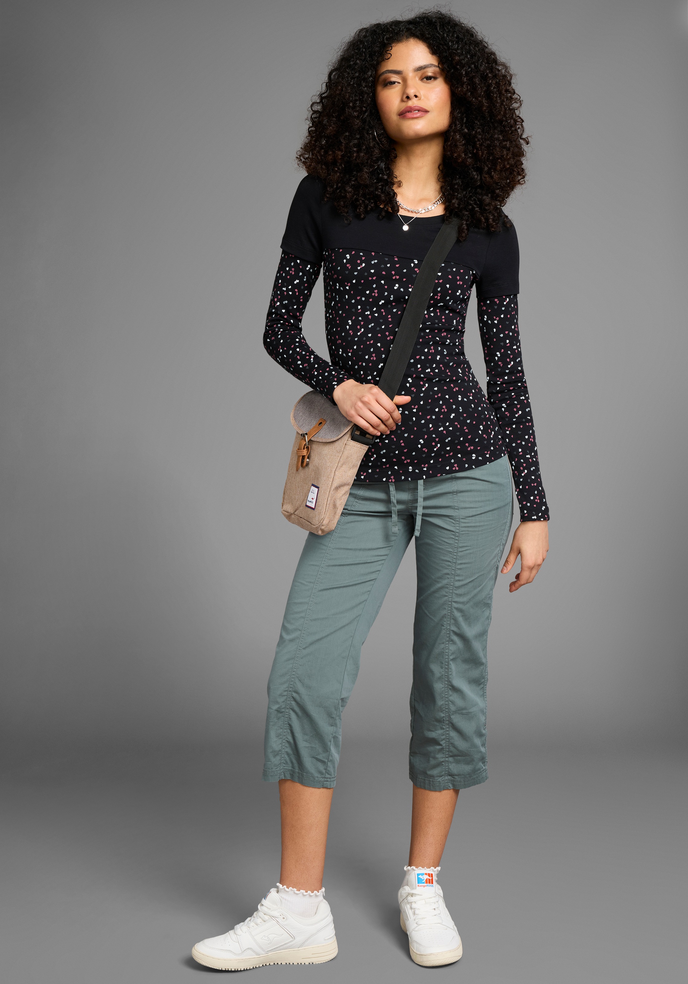 2-in-1-Langarmshirt KANGAROOS, Damen, Gr. 44/46, schwarz, Obermaterial: 100% Baumwolle, bedruckt, gemustert, kontrastfarbene Details, figurbetont, Shirts, Langarm, bedruckt und gemustert, für die Freizeit, aus Baumwolle, Topseller 3