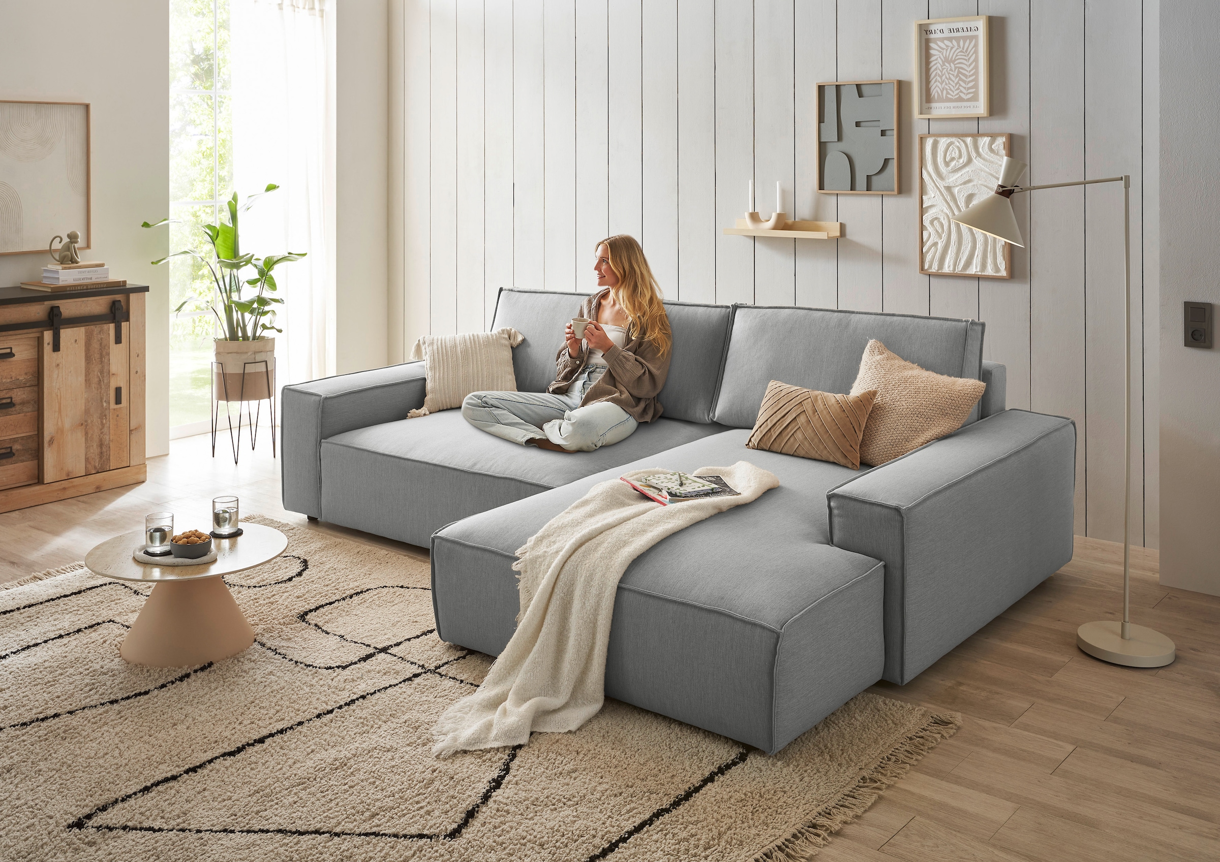 OTTO home Ecksofa "SHERWOOD XXL Leinenoptik 284, Big-Sofa L-Form, tiefe Sitzfläche 95 cm" Recamiere rechts/links, als Schlafsofa stellbar, Cord u. Leinenoptik
