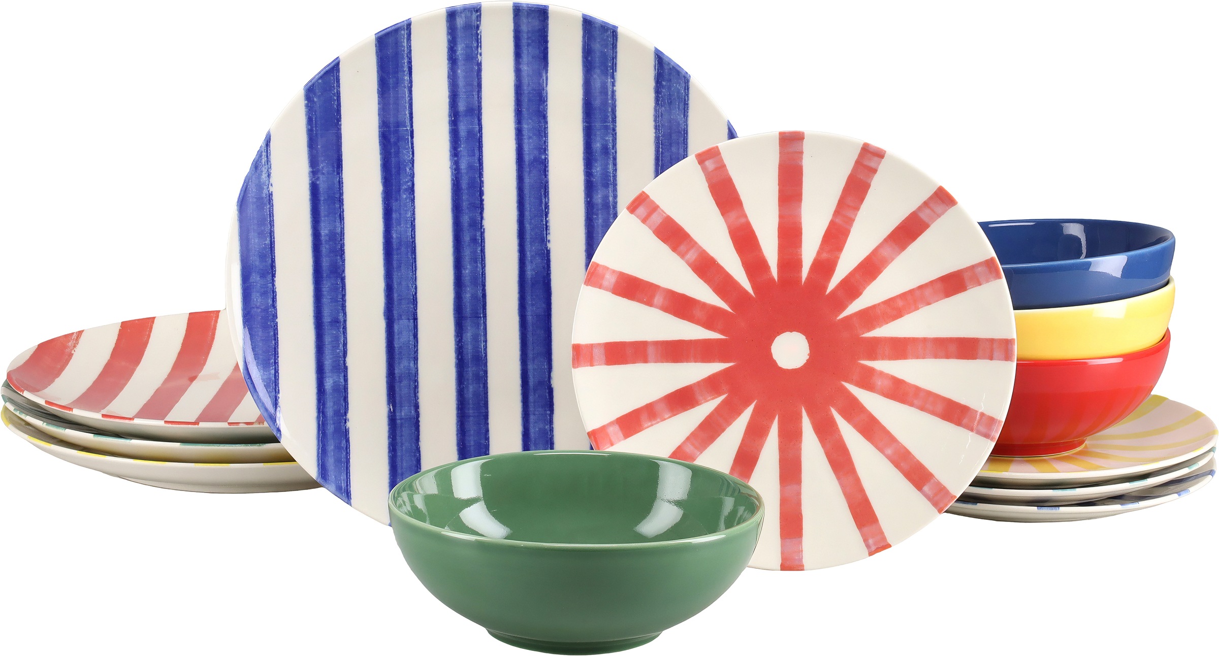 CreaTable Teller-Set "Mio Viva Bunt, Tellerset 12-tlg." Handgemalte Optik, keramische Motive kombiniert mit Farbglasuren