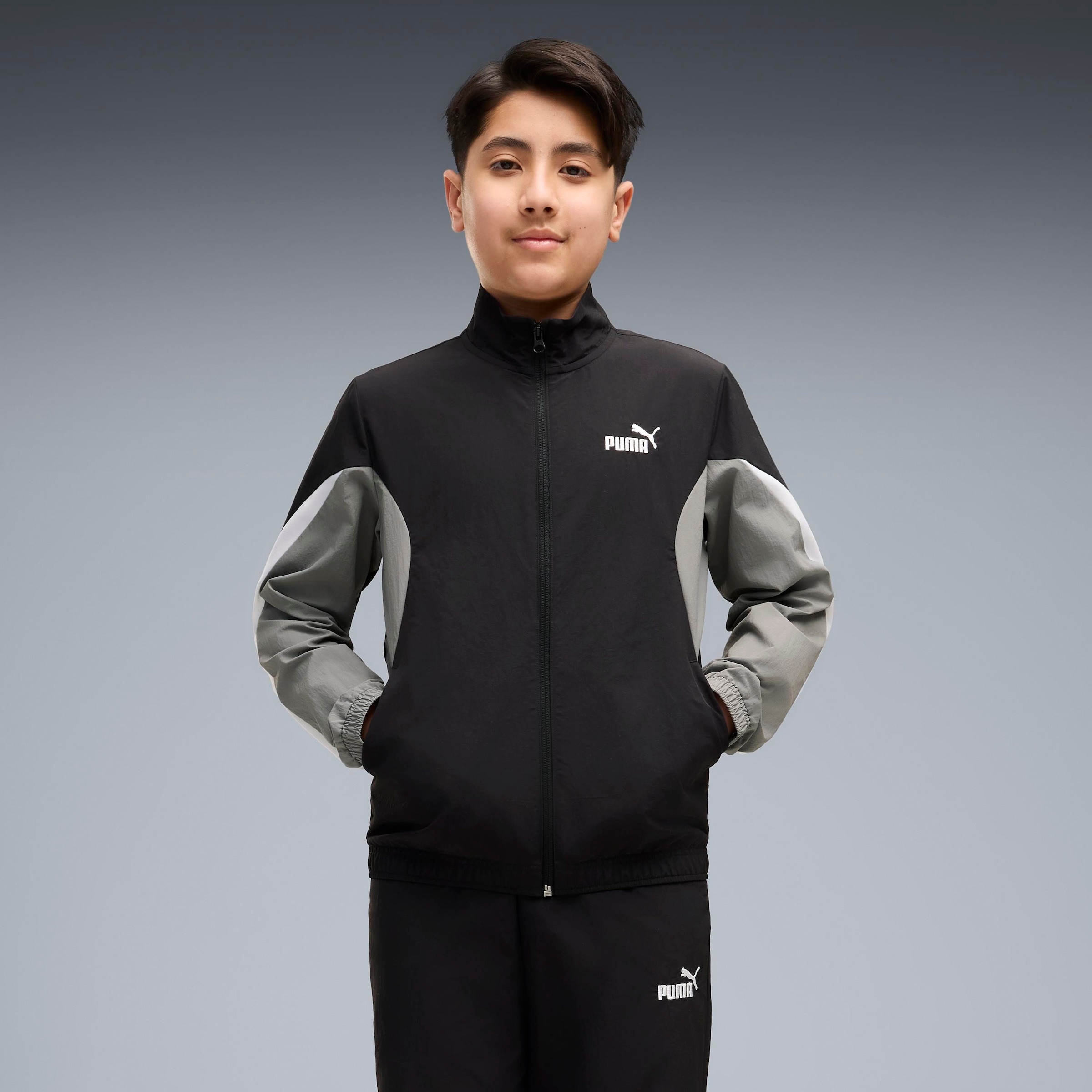 PUMA Jogginganzug »ESS BLOCK WOVEN SUIT B« 2 2-teiliges Set, mit Reißverschluss am Oberteil, windabweisend