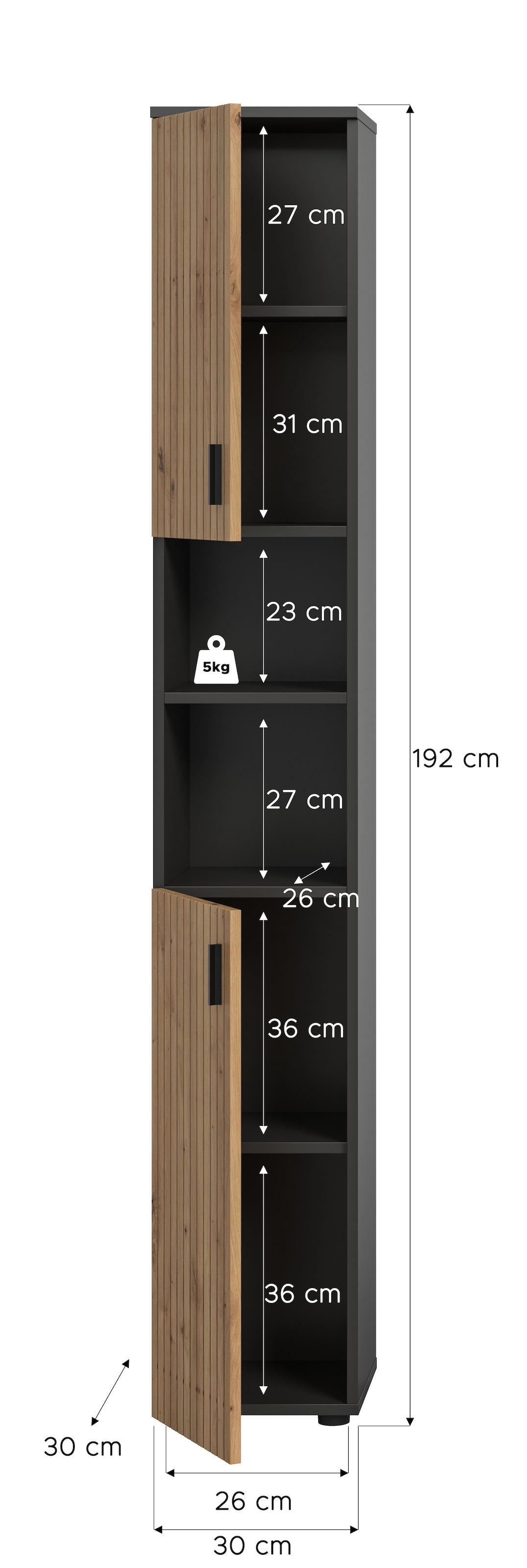welltime Hochschrank »MANI, Höhe: 192 cm, Paneeloptik, 2 offene Fächer, 2 Türen« 1 Stk. tlg. Hochschrank, Bad-Schrank, Badezimmerschrank, Bad, Badezimmer