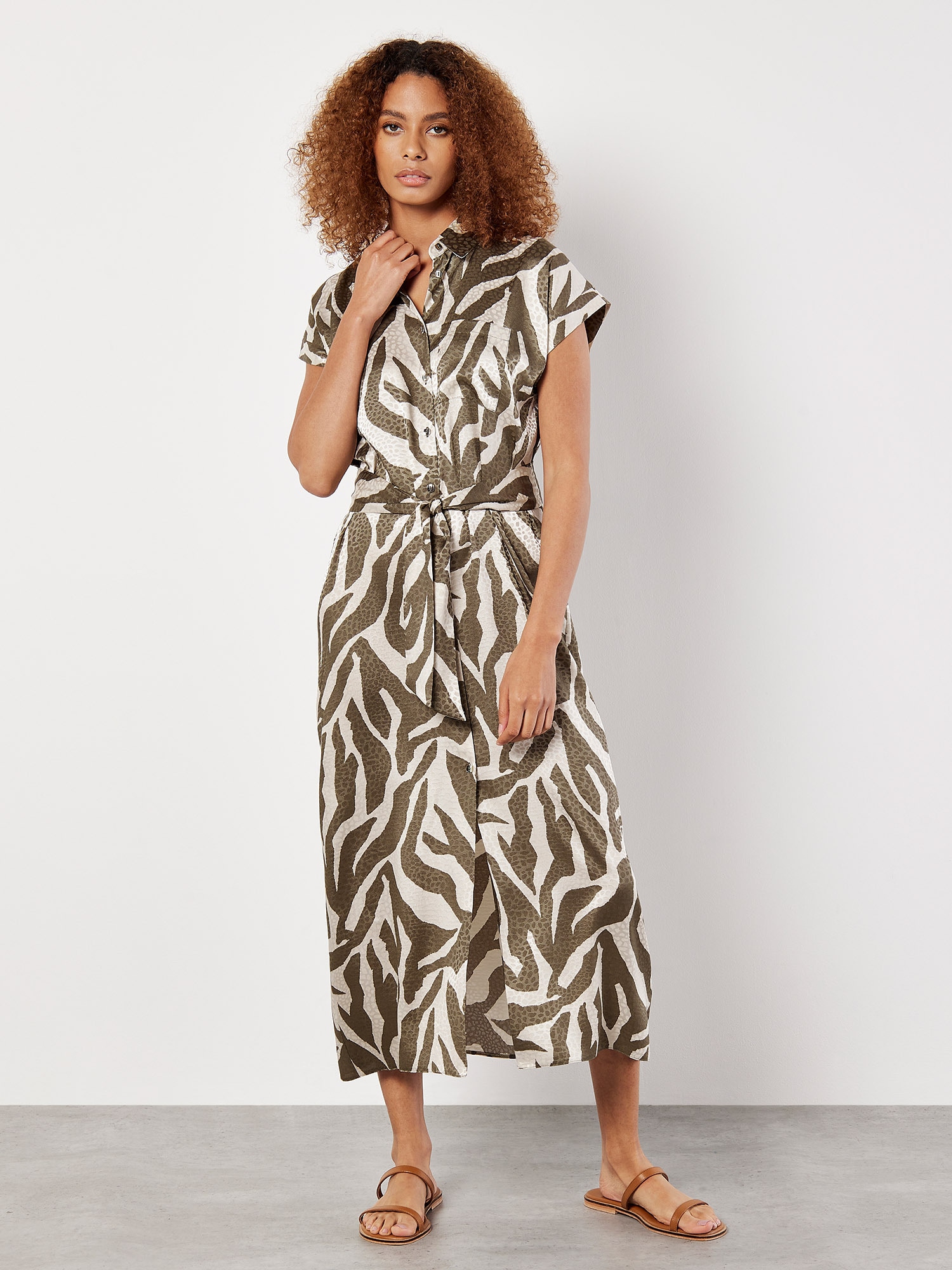 Apricot Druckkleid "Midikleid aus strukturiertem Satin" Stoffgürtel, 2 tlg. mit Zebramuster