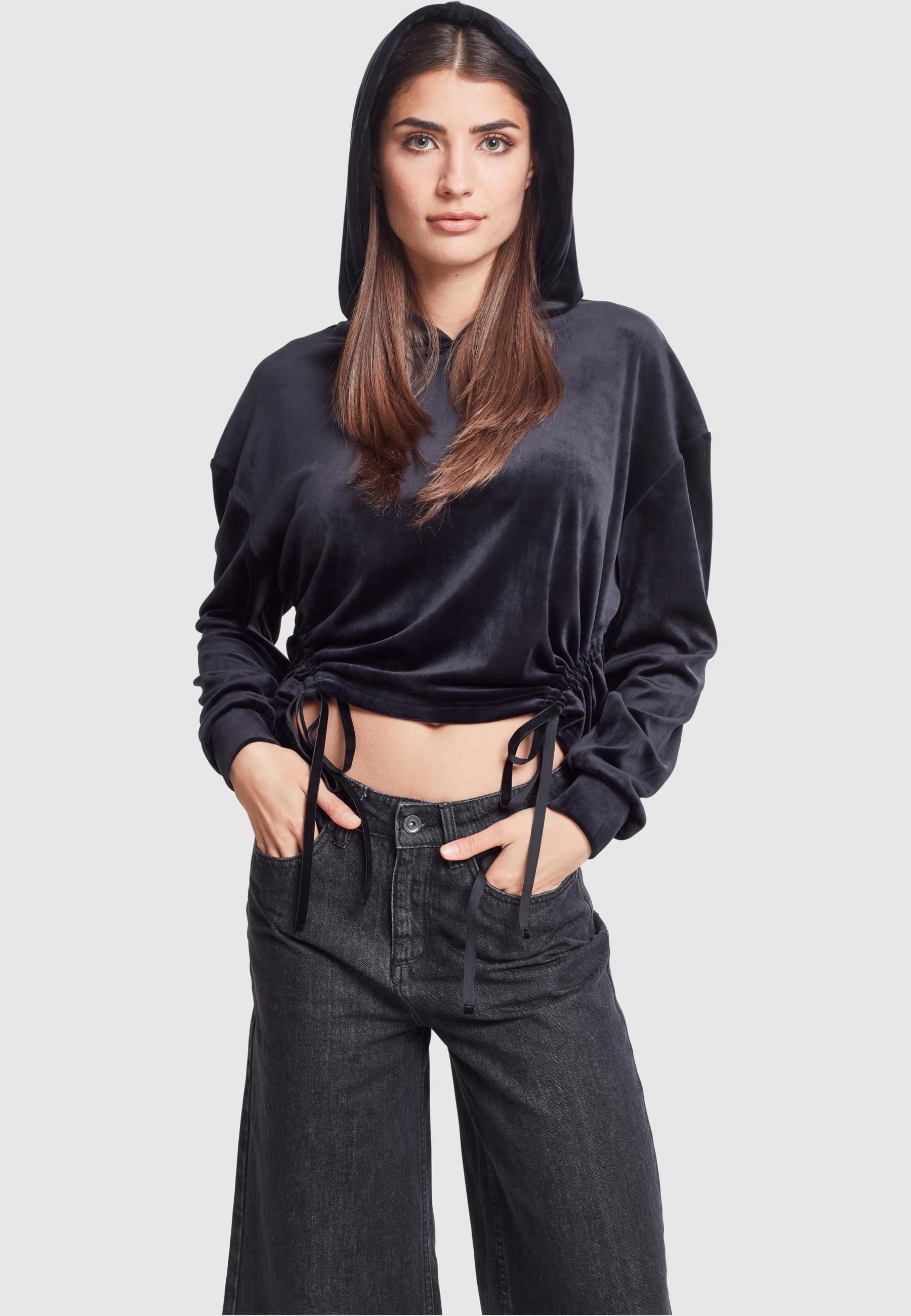 URBAN CLASSICS Rundhalspullover »Urban Classics Damen Ladies Short Velvet Gathered Hoody«, (1 tlg.)