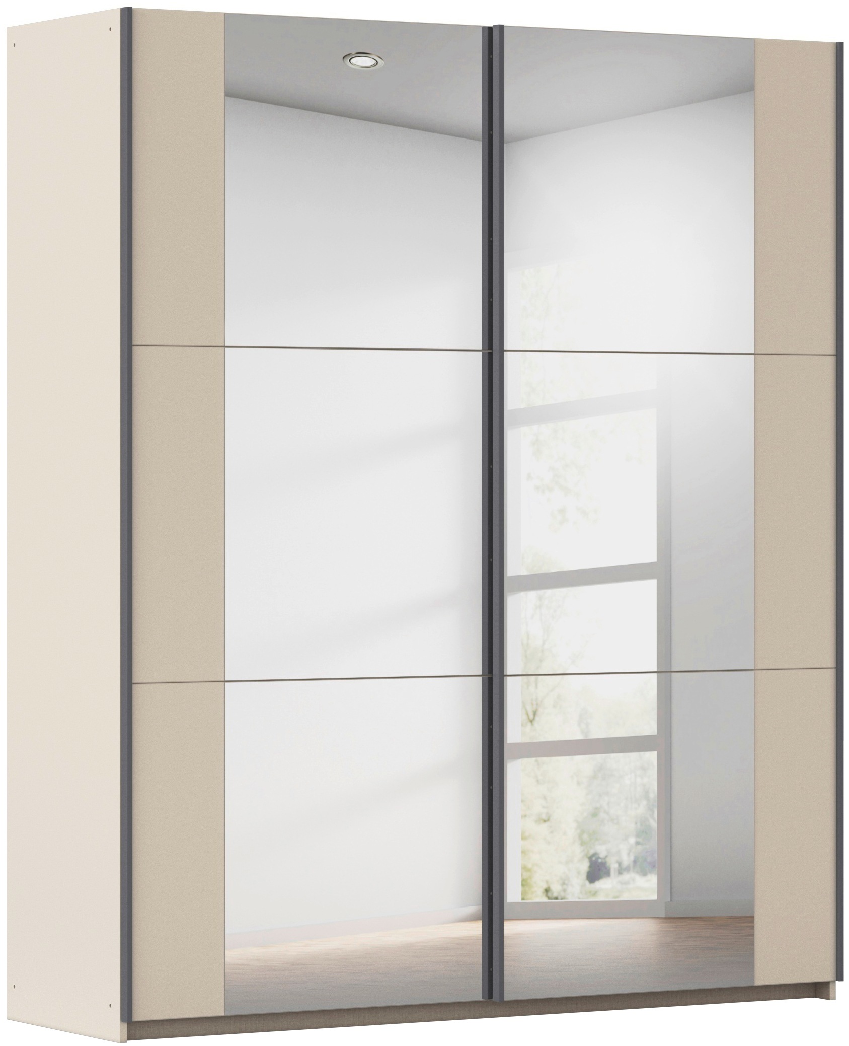 rauch Schwebetürenschrank "Kleiderschrank Drehtürenschrank Schrank Garderobe KRONACH" in 3 Ausstattungen BASIC/CLASSIC/PREMIUM, Breiten 131/175/218/261 cm, optional ohne, mit 1 oder 2 Spiegel, viel Stauraum MADE IN GERMANY
