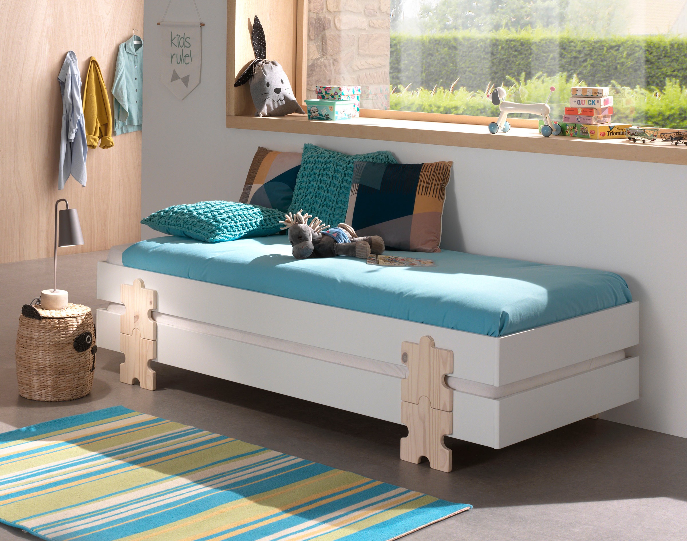 Vipack Kinderbett »Modulo«, (Made in Europe), Jugendbett, Einzelbett, Stapelbett mit Füßen in Puzzleoptik