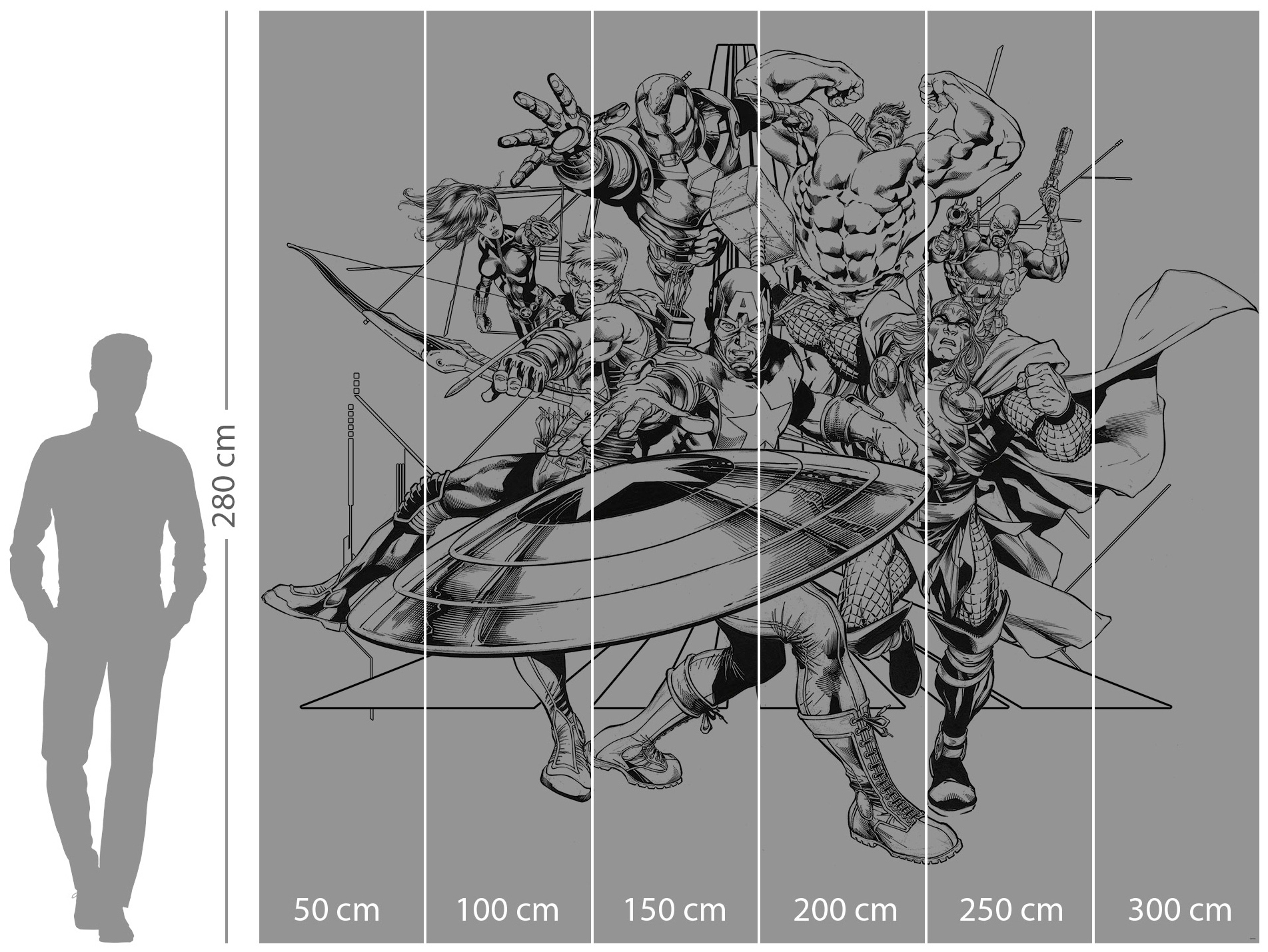 Komar Vliestapete »Digitaldruck Vlies - Avengers Black and White - Größe 300 x 280 cm«, bedruckt, Kinderzimmer