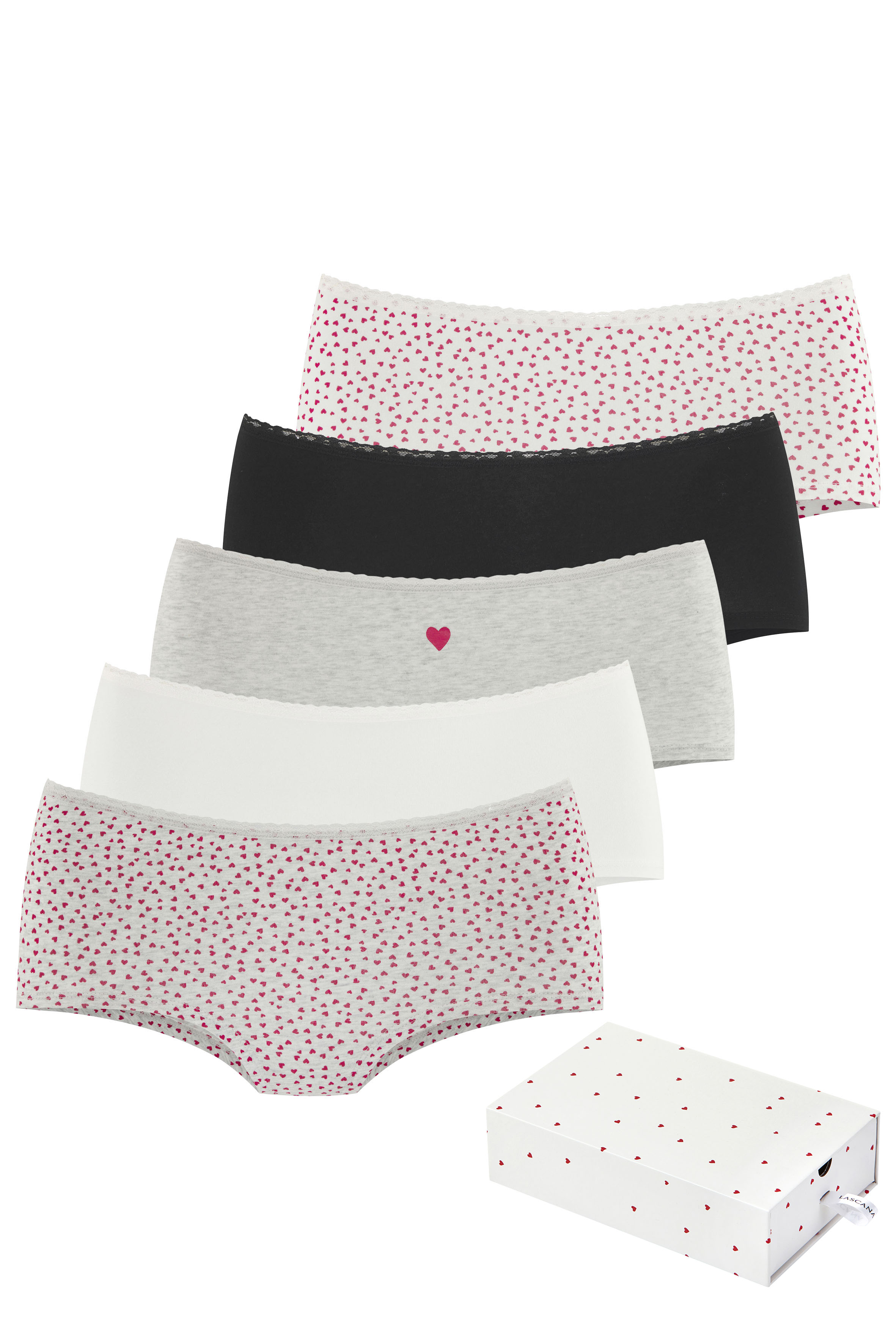LASCANA Panty "Geschenk Box" 5er-Pack, mit süßen Herzchen-Prints und aus elastischer Baumwoll-Qualität