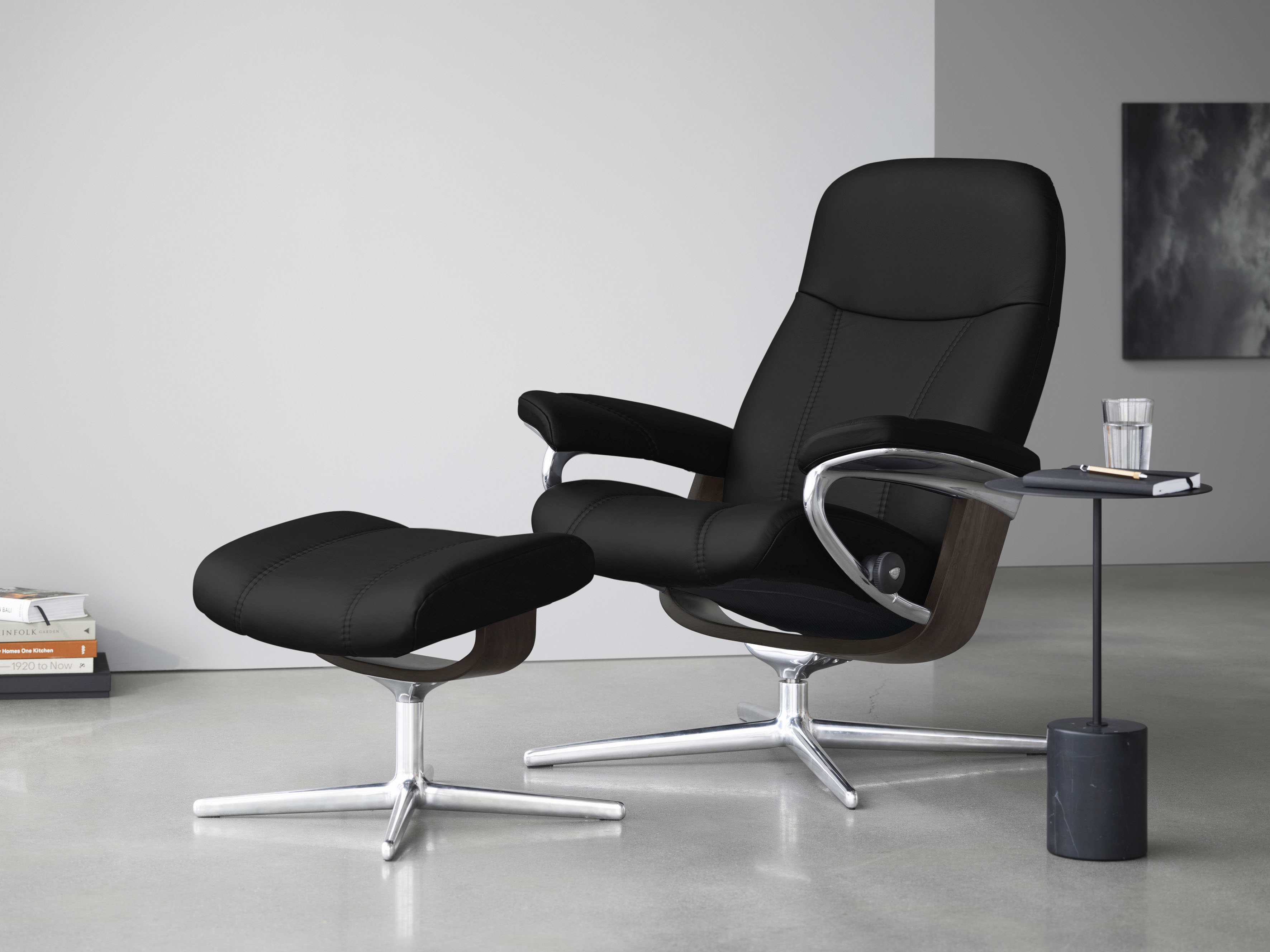 Stressless Relaxsessel "Consul" Set, Relaxsessel mit Hocker, mit Hocker, mit Cross Base, Größe S, M & L, Holzakzent Wenge