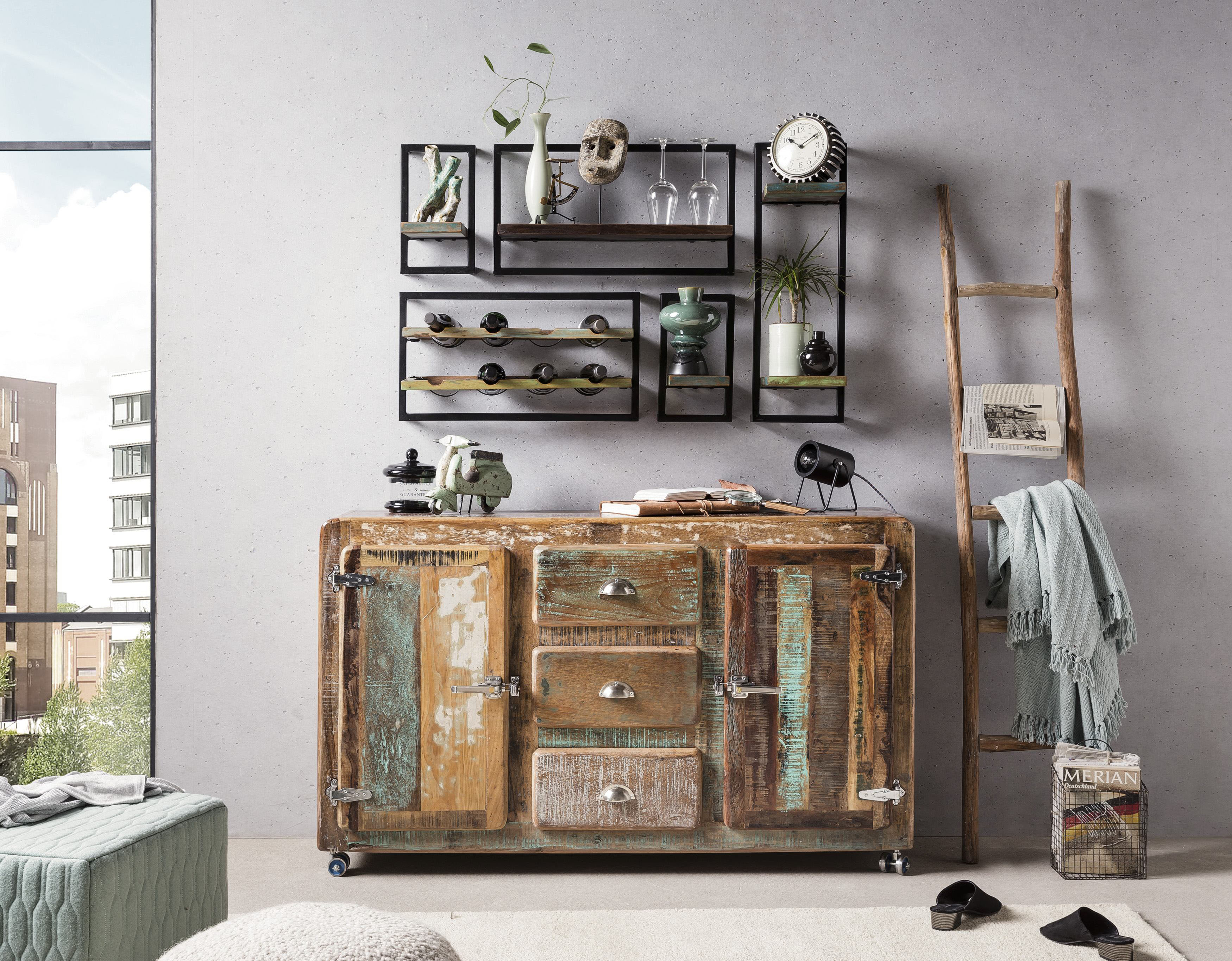 SIT Wandregal "Lagos 5-teilig aus Altholz mit Weinregal & Metallrahmen" Set, 5-teiliges Wandregal-Set mit integriertem Weinregal im Industrial-Look