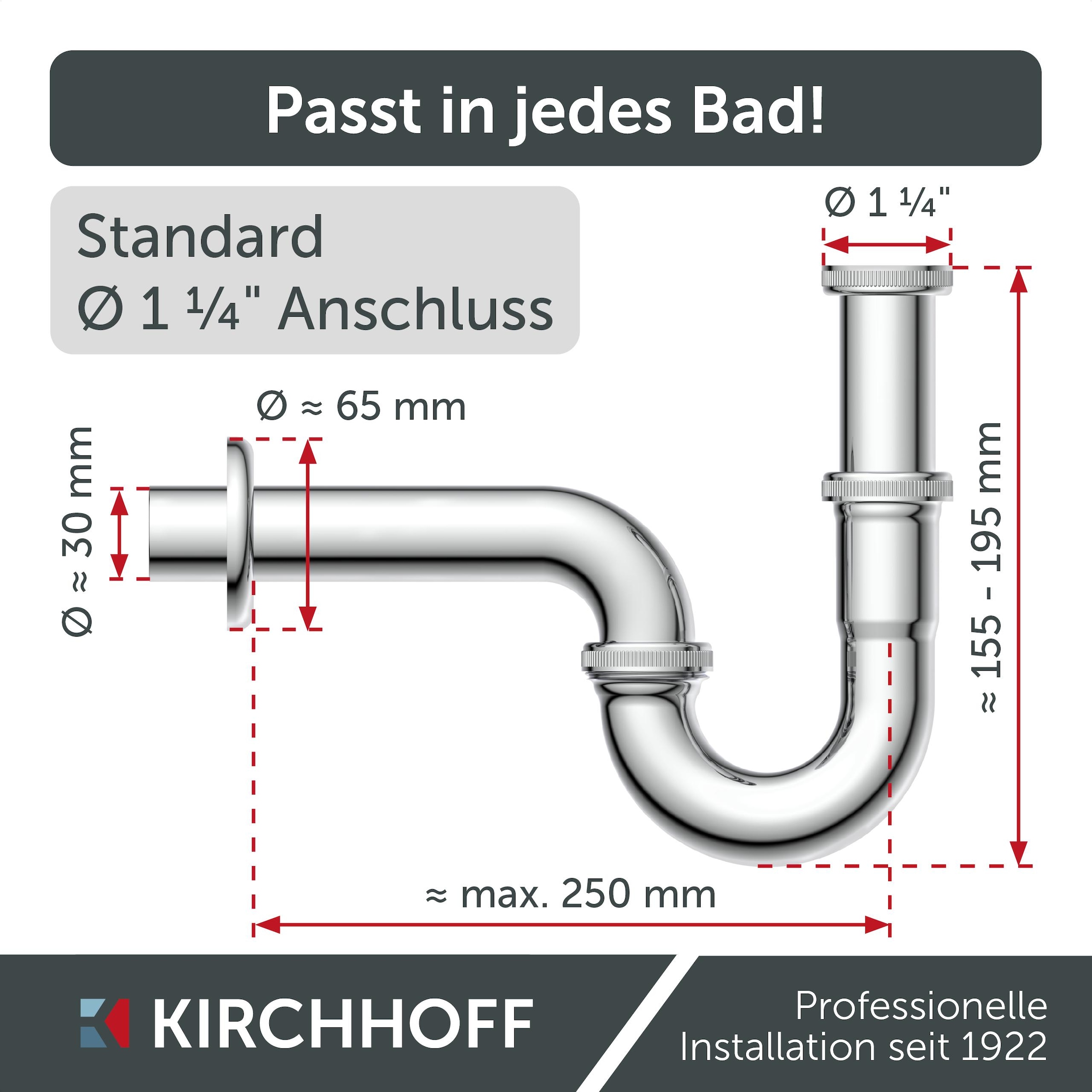 Kirchhoff Siphon, Röhrensiphon, Chrom, 1 1/4" x 32 mm