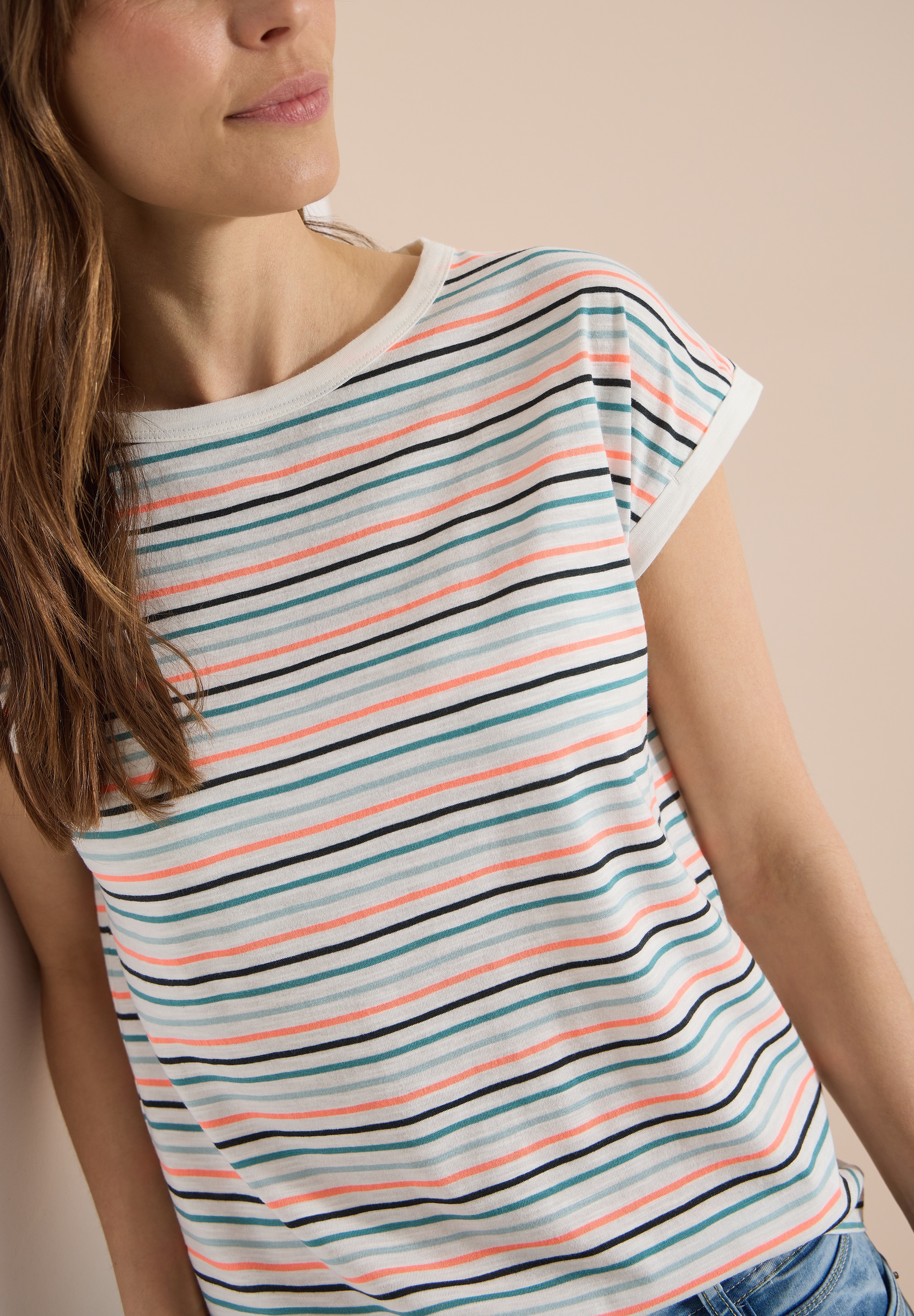 Cecil Kurzarmshirt Sommershirt mit Turn-Up-Detail/Streifen-Optik