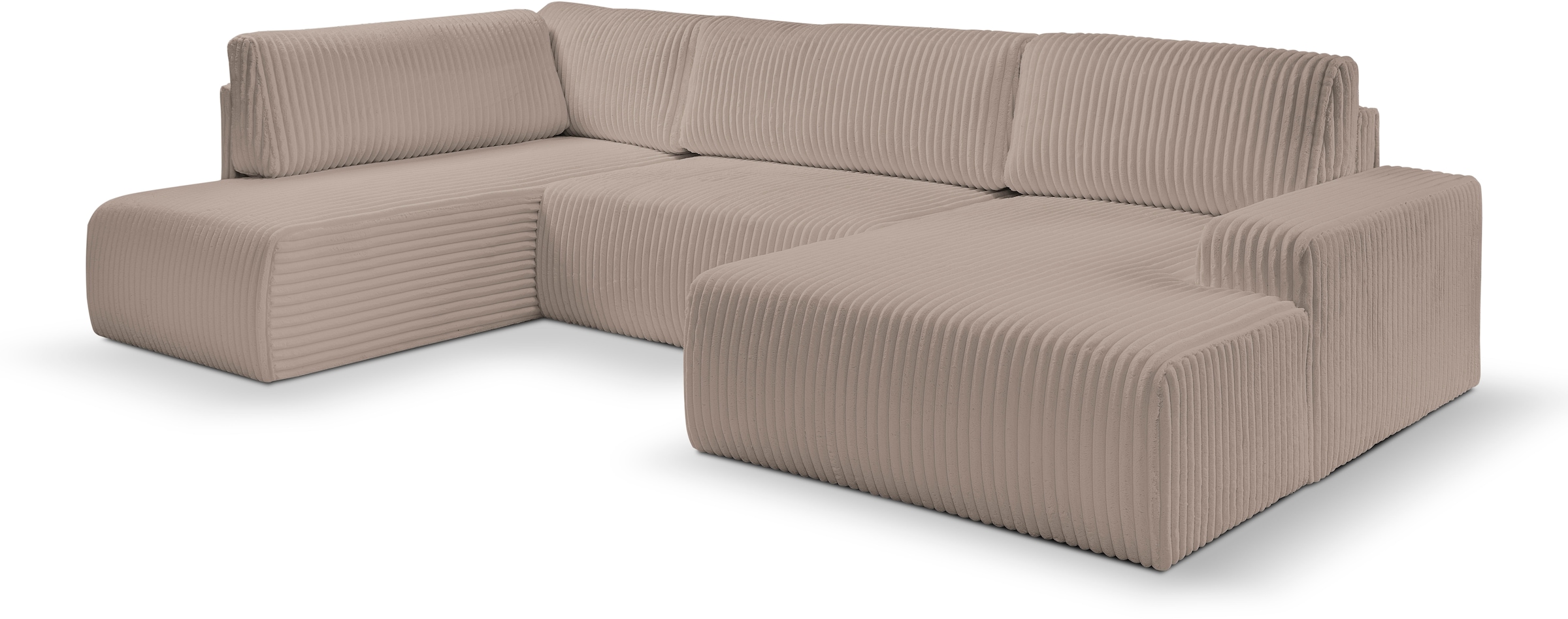 WERK2 Wohnlandschaft »Rotterdam-U, U-Form, in kuschelweichem Cord oder Breitcord«, Design Sofa mit Schlaffunktion & Bettkasten, Breitcord, Taupe