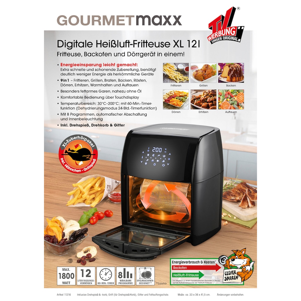 GOURMETmaxx Fritteuse »Heißluft-Ofen 11216 Digital 12l«, 1800 W