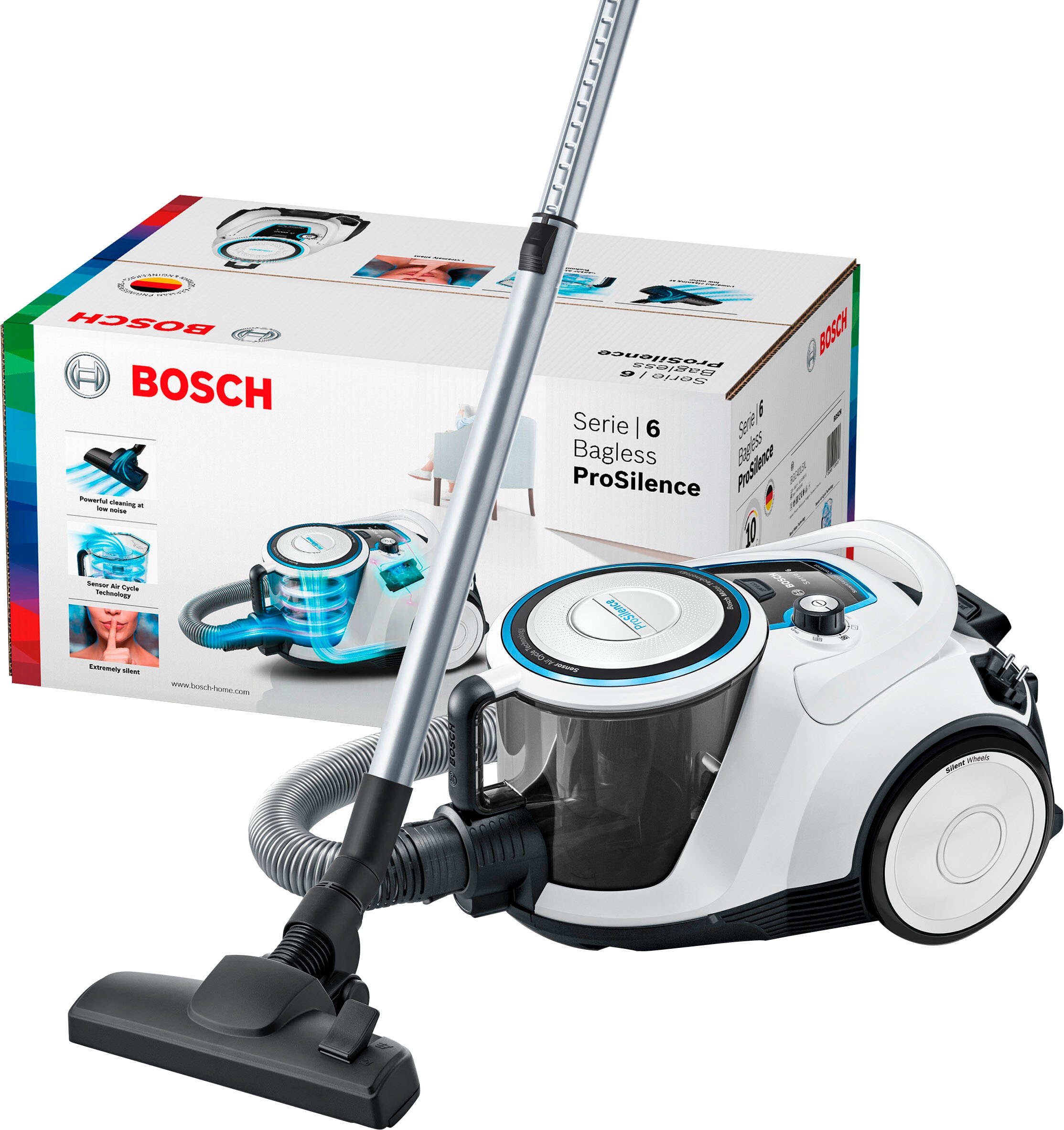 BOSCH Bodenstaubsauger »Serie 6 ProSilence BGC41LSIL, Hygiene-Filter, 10 Jahre Motorgarantie«, 600 W, beutellos, hohe Saugkraft, 2in1 Polster- und Fugendüse, leise, weiß