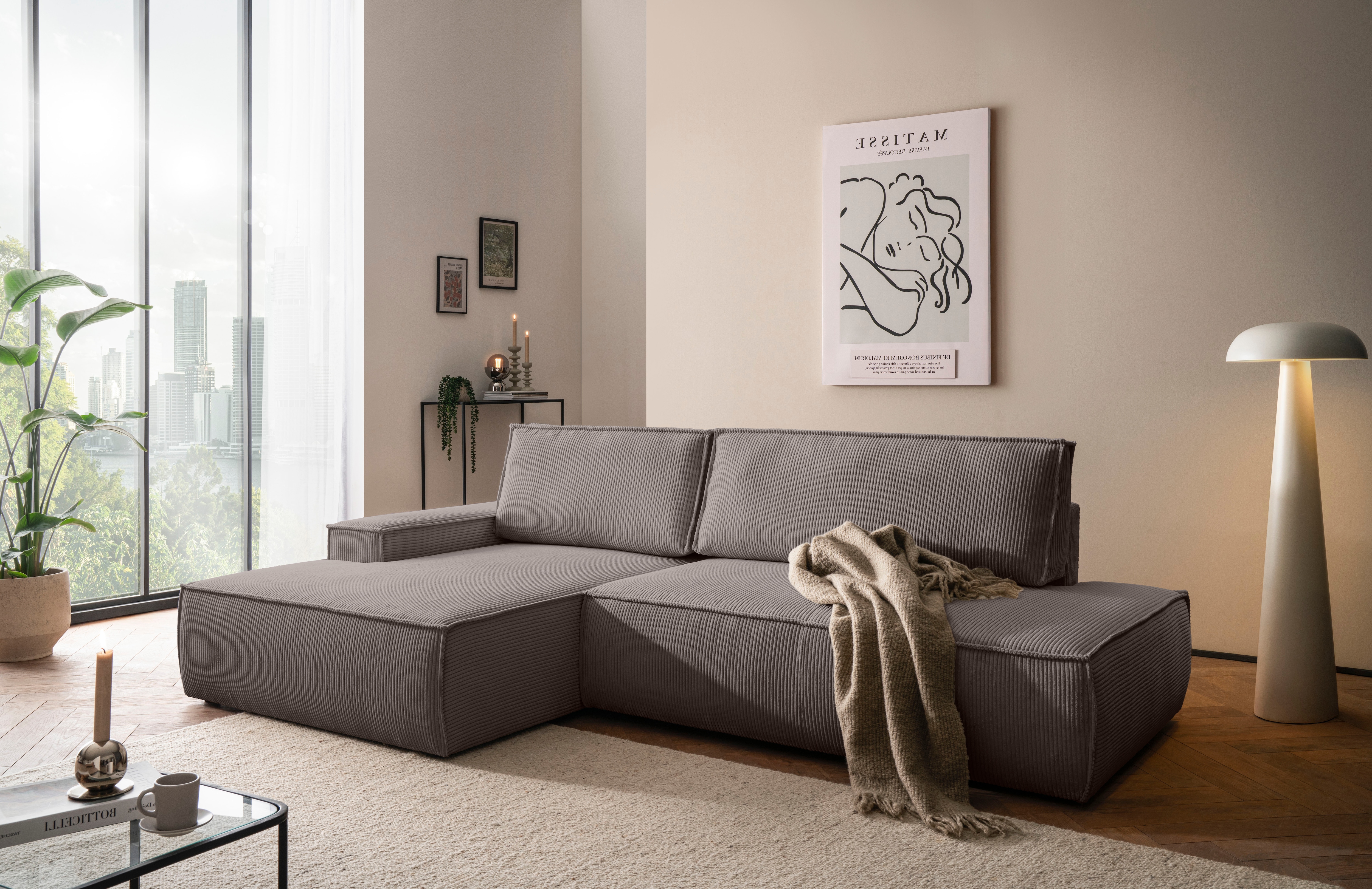 OTTO home Ecksofa "SHERWOOD Cord Schlafsofa in L-Form offen (275cm)" Schlaffunktion und Bettkasten, Kedernaht, hoher Sitz- & Liegekomfort