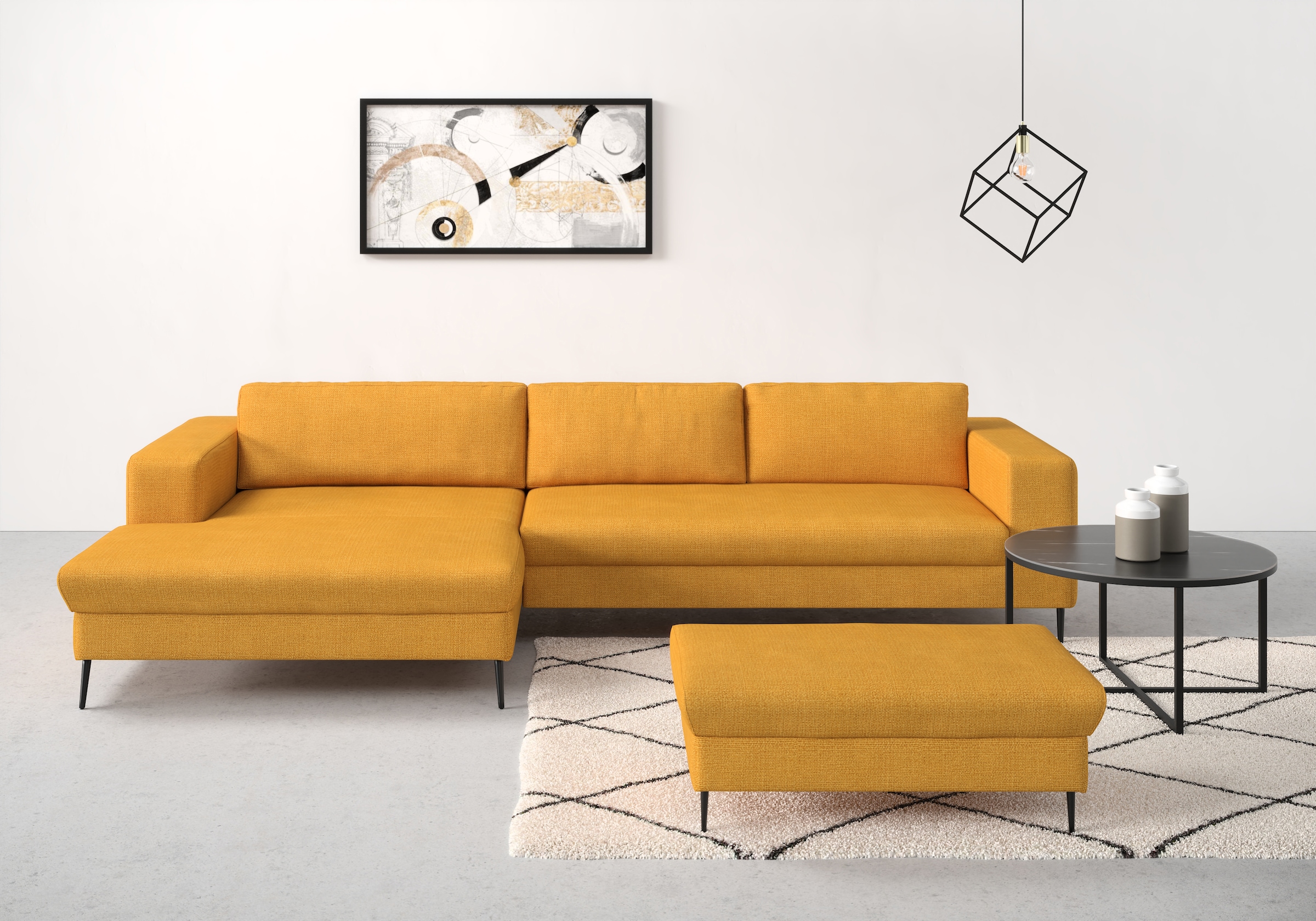 DOMO collection Ecksofa "Modica, zeitlos & elegant, Breite 329cm, hoher Fuß, bequem, L-Form" Auch in Cord, Fußhöhe passend für gängige Saugroboter