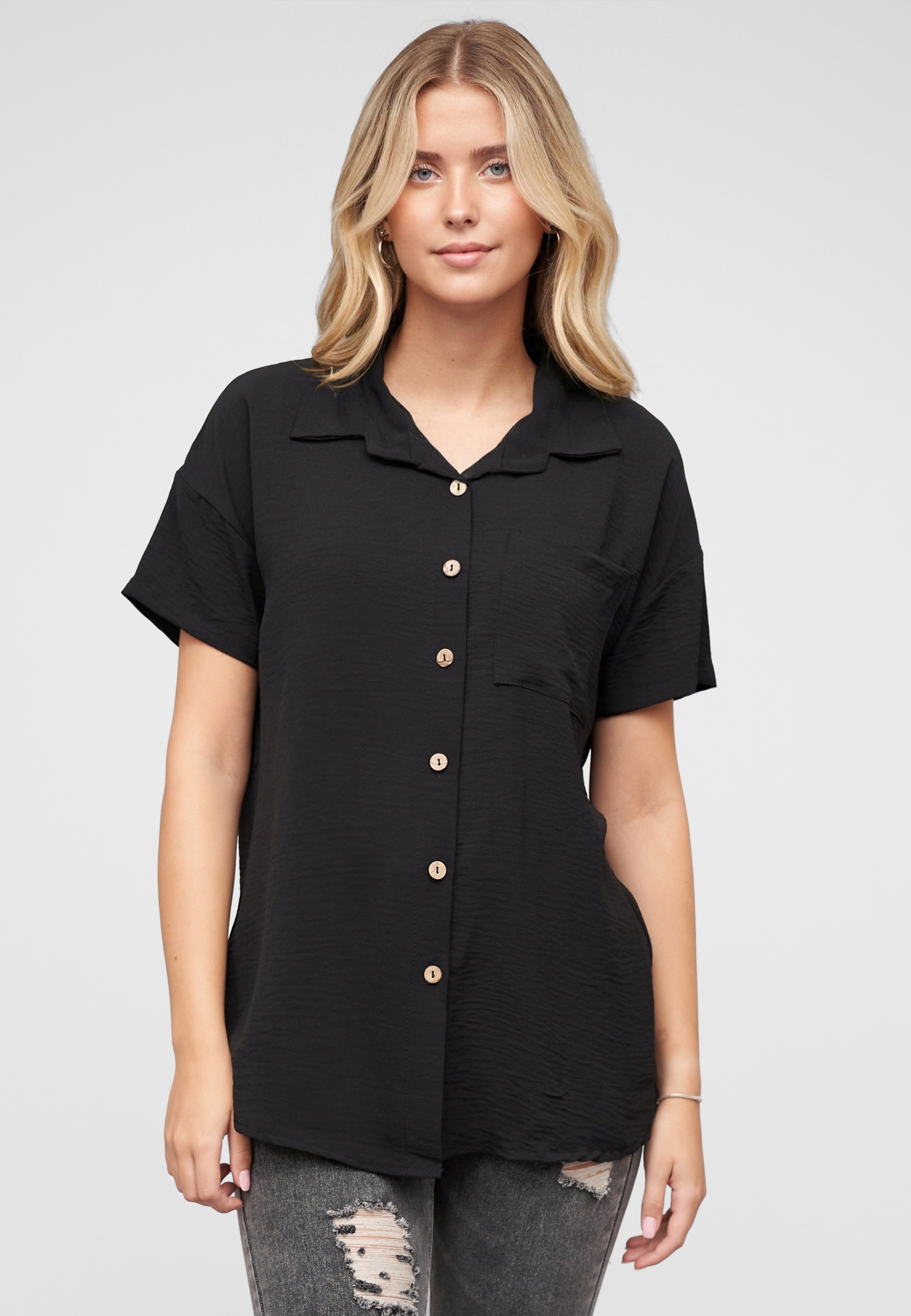 CLOUD 5IVE T-Shirt »CLOUD 5IVE Musselin Kurzarm Hemd mit Knopfleiste und Brusttasche« 1