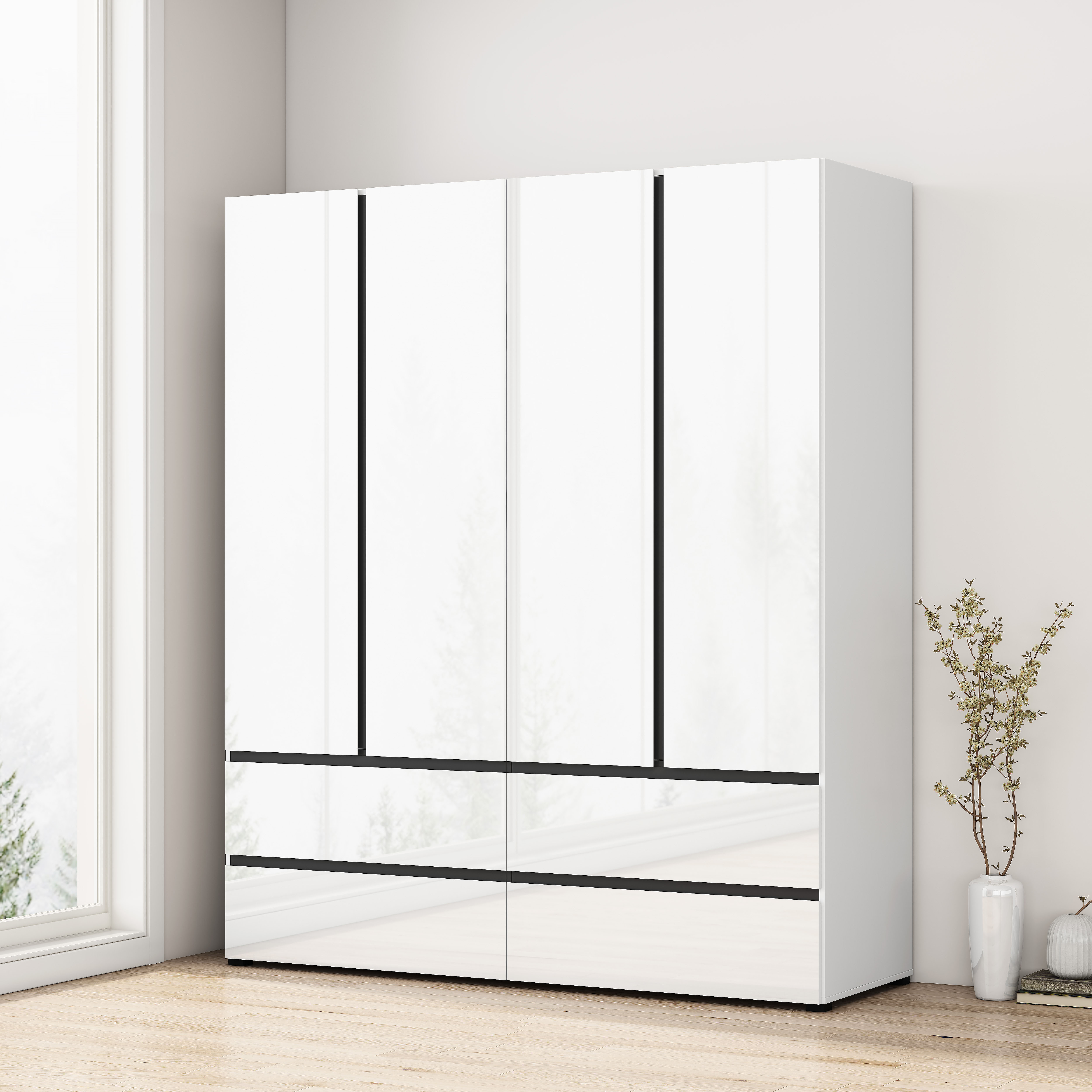 OTTO home Kleiderschrank "Kollin Schlafzimmerschrank mit 4 Türen und 4 Schubladen Garderobe" Drehtürenschrank mit perfekter Innenausstattung, hochglanz Fronten
