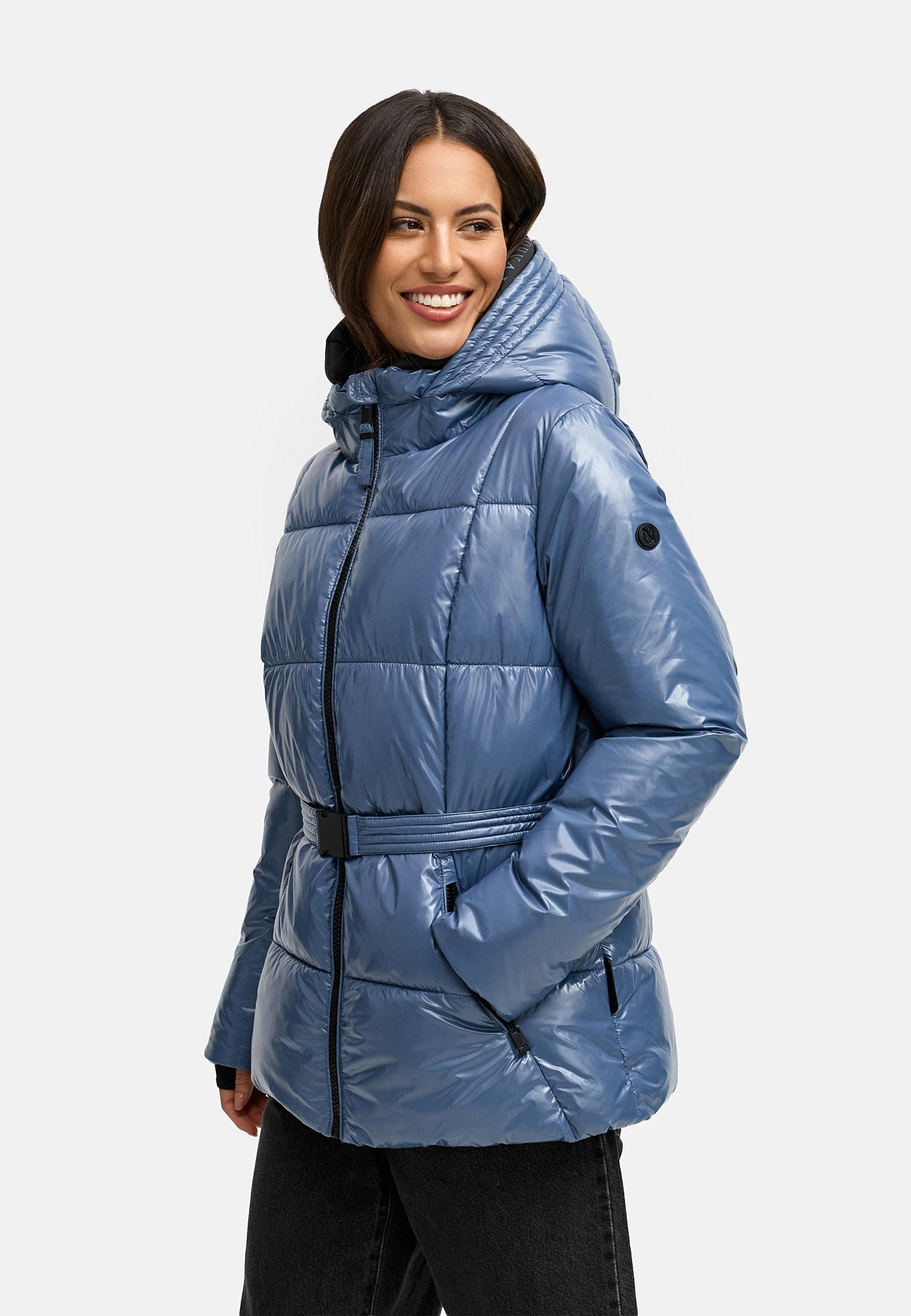 Navahoo Steppjacke »Eisglanz 14« mit Kapuze Glänzende Damen Winterjacke mit Taillengürtel