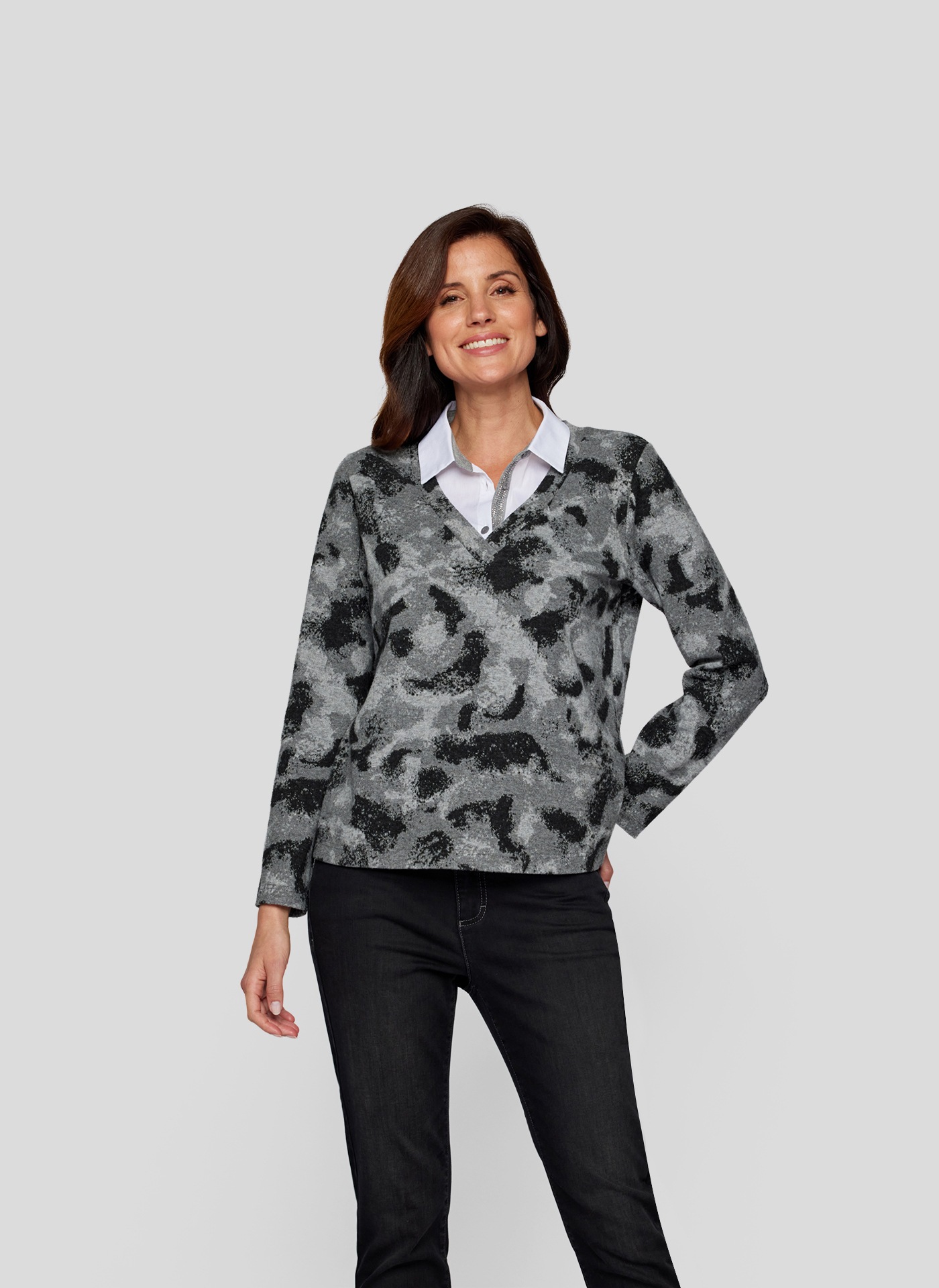 Print-Shirt »RABE Eleganter Two-in-one-Pullover mit Hemdkragen«