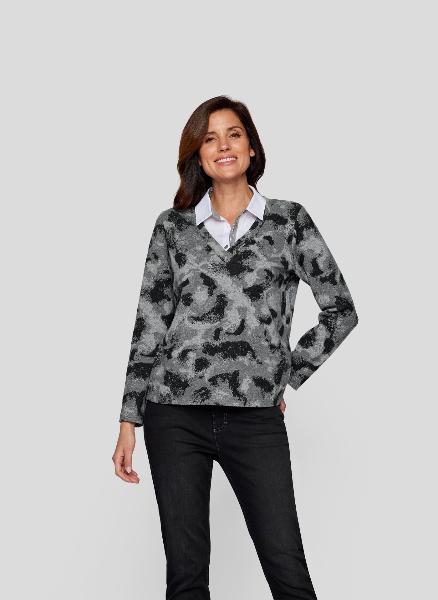 Rabe Print-Shirt "RABE Eleganter Two-in-one-Pullover mit Hemdkragen"