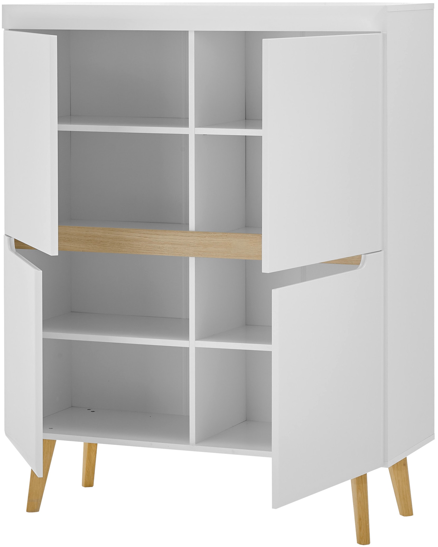 INOSIGN Highboard »Torge, Kommode, Schrank, Sideboard, Anrichte, Mehrzweckschrank«, (1 St.), abgeschrägte Füße, drei Farben, Scandi Design, 107 cm breit