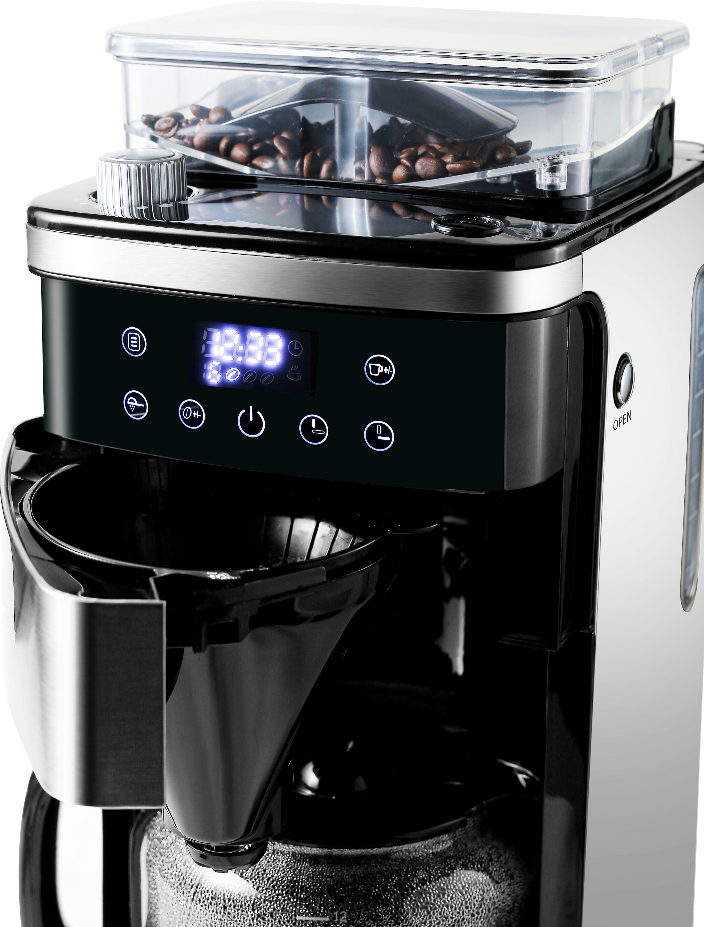 Hanseatic Kaffeemaschine mit Mahlwerk »HCMG105015SD«, 1,5 l Kaffeekanne, Papierfilter-Permanentfilter, 1x4, mit LCD Display und Timer