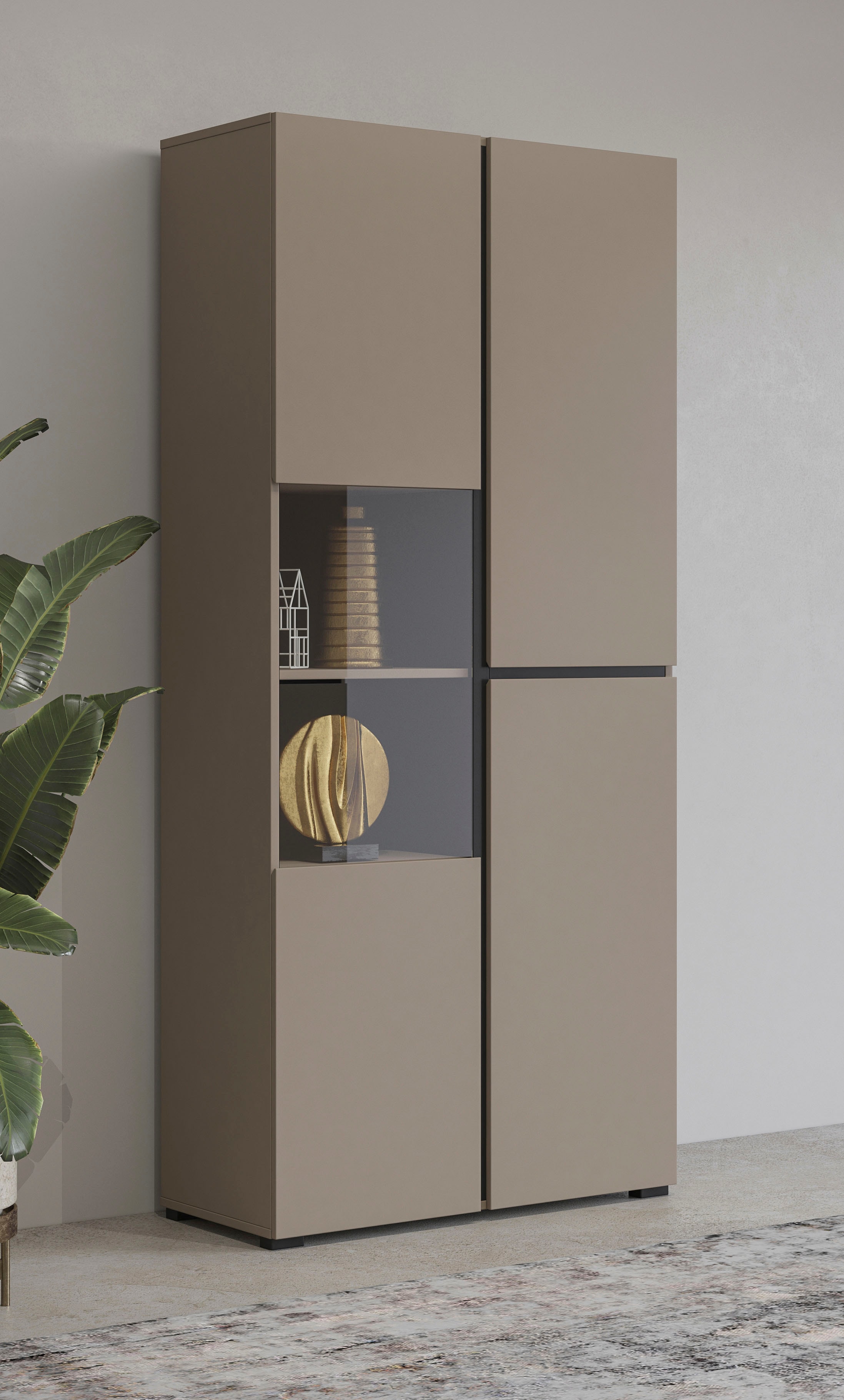 OTTO home Vitrine "Cross, Höhe 183,5 cm, moderne grifflose Standvitrine mit 3 Türen" Hochschrank mit viel Stauraum, Glastür und verstellbaren Einlegeböden