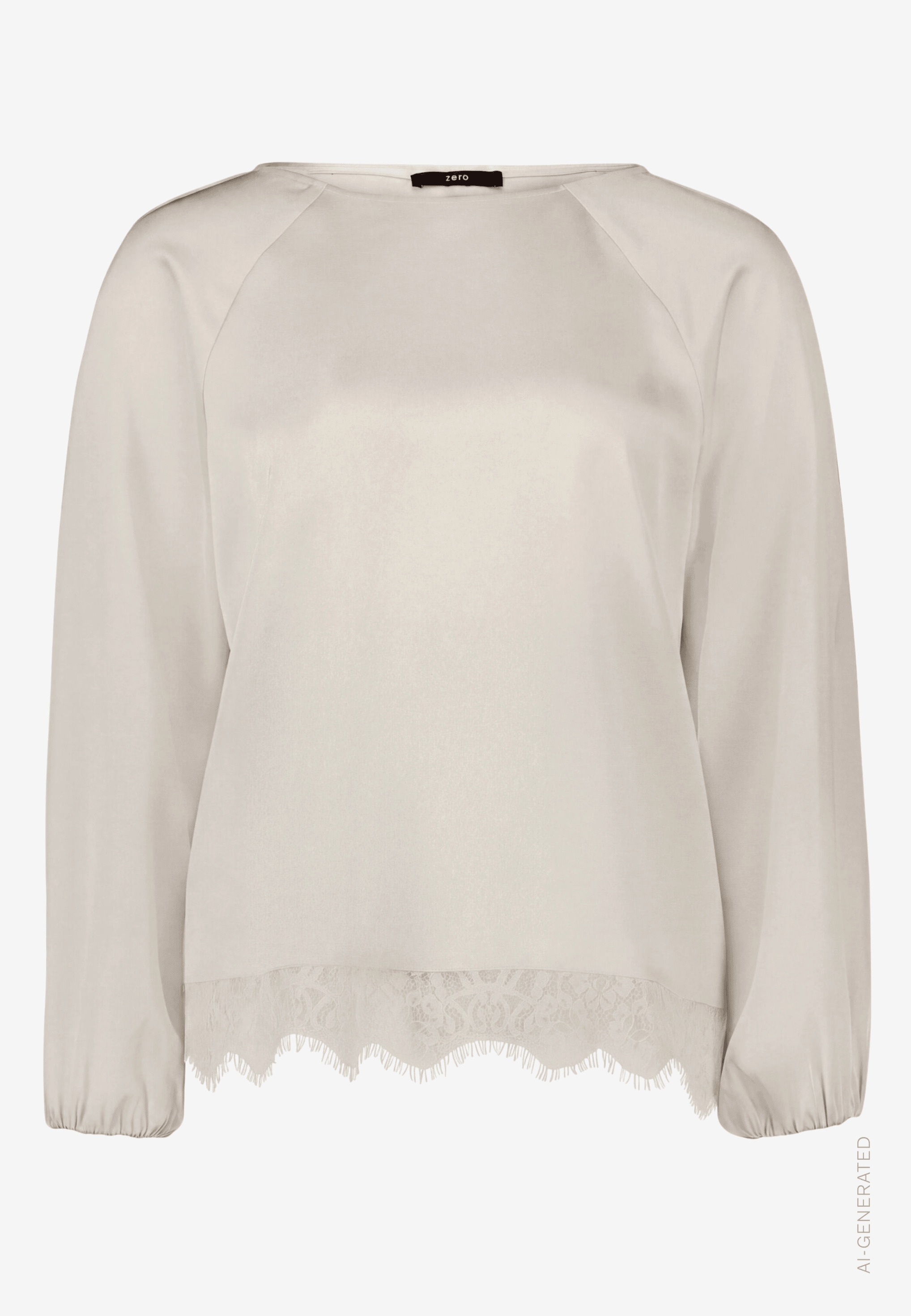 Zero Satinbluse Satin Langarmshirt mit Häkelkante am Saum