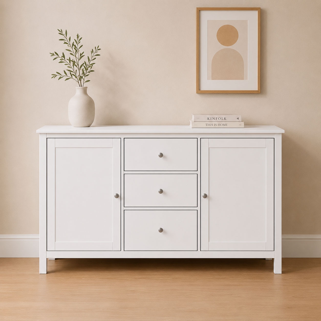 Inter Link "Pinora, Kiefer Massivholz, Weiss, 160 x 39,50 x 96 cm, viel Stauraum" 1 Stk. tlg. Sideboard im modernem Skandi Look, 3 Schubladen, 2 Türen