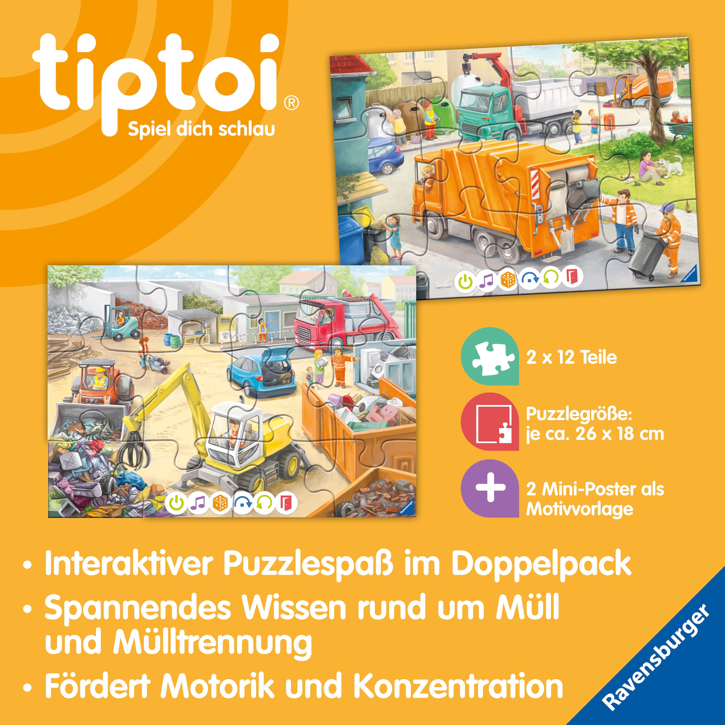 Ravensburger Puzzle »tiptoi® Puzzle für kleine Entdecker: Müllabfuhr«, (2 x 12 Teile) Made in Europe