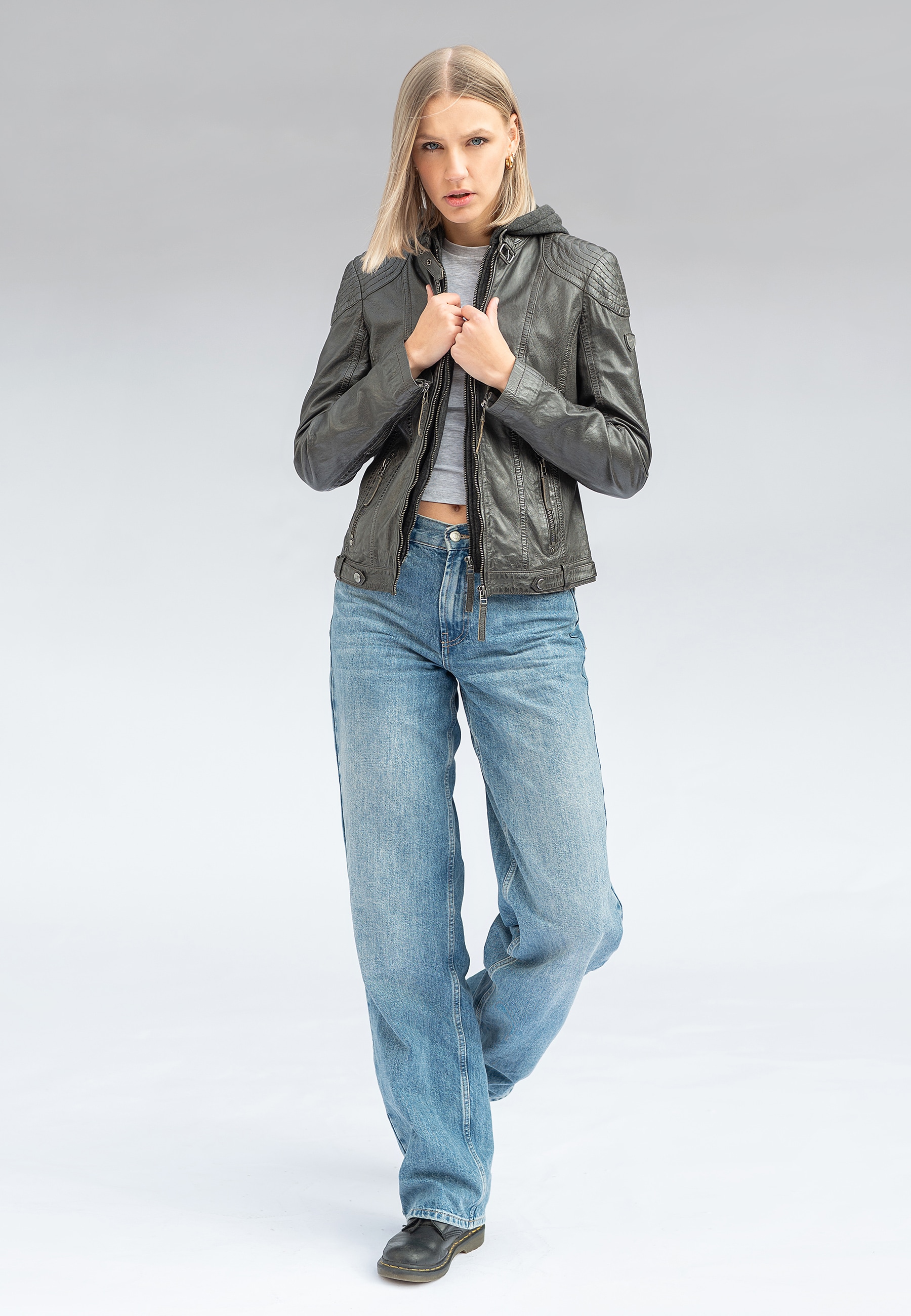 Mauritius Lederjacke »Cacey LEGV« mit Kapuze mti Kapuze, Reißverschluss, Ziersteppung